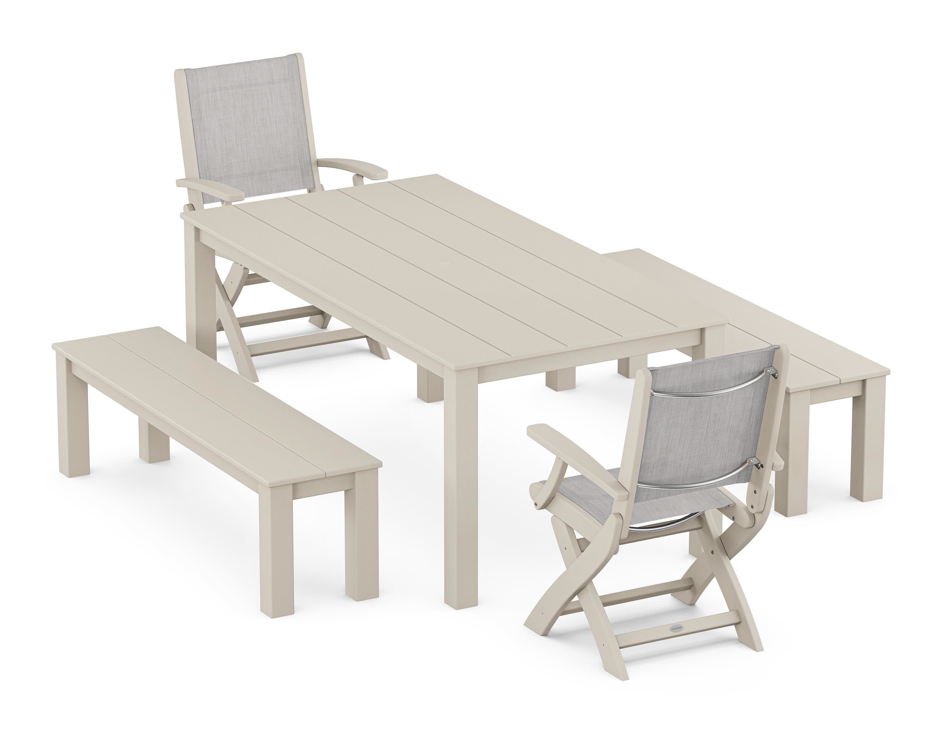Coastal Folding Chair 5-Piece Parsons Dining Set with Benches in Sand / Parchment Sling