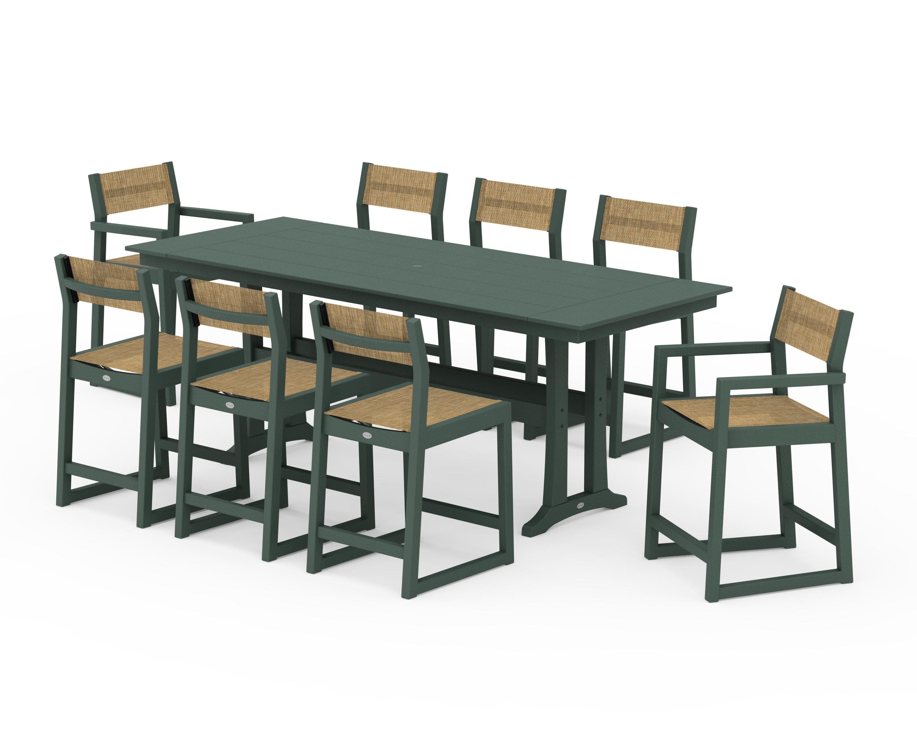 EDGE Sling 9-Piece Farmhouse Counter Set with Trestle Legs in Green / Burlap Sling