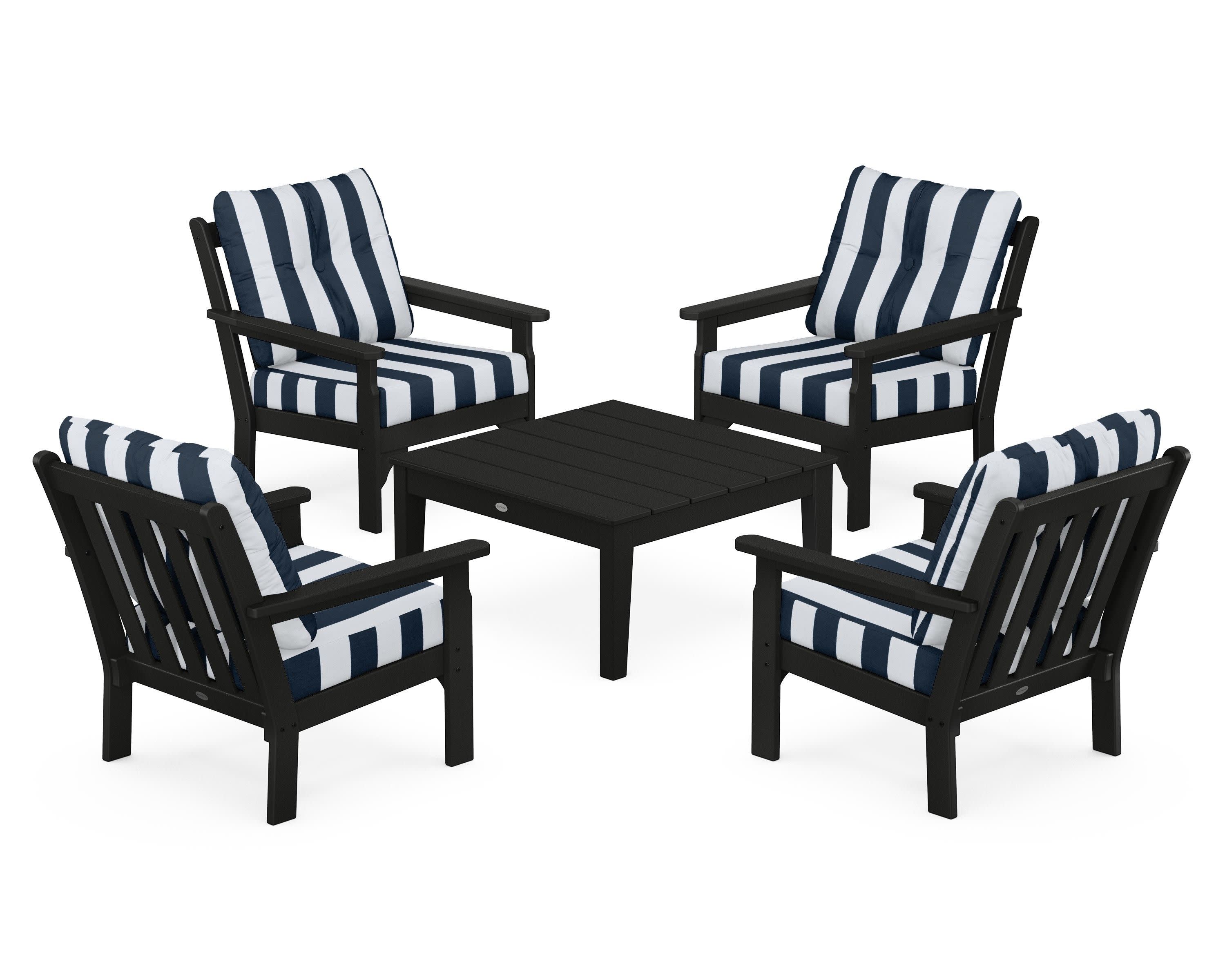 Vineyard 5-Piece Deep Seating Conversation Set in Black / Cabana Stripe Marine Indigo