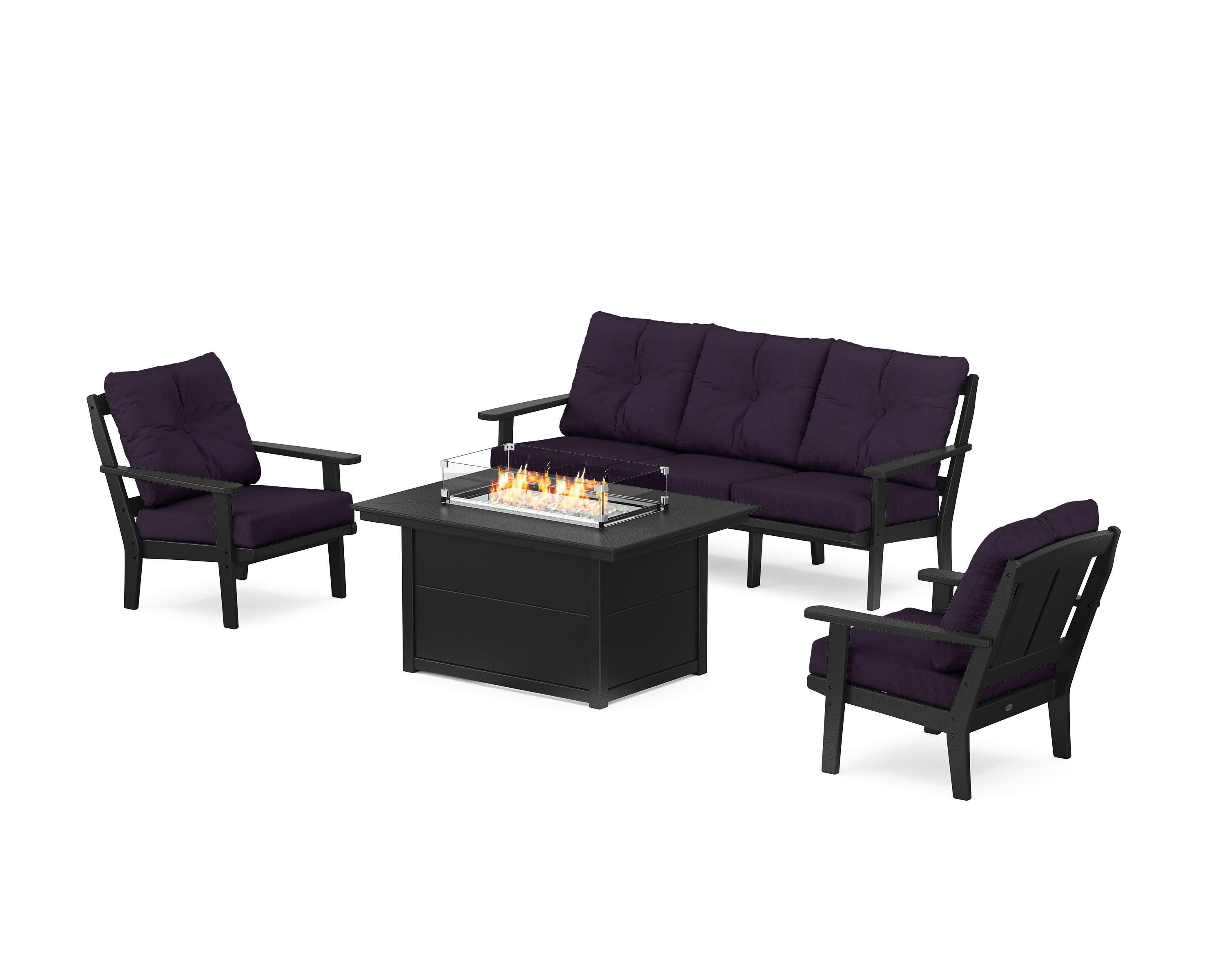 Mission Deep Seating Fire Pit Table Set in Black / Navy Linen