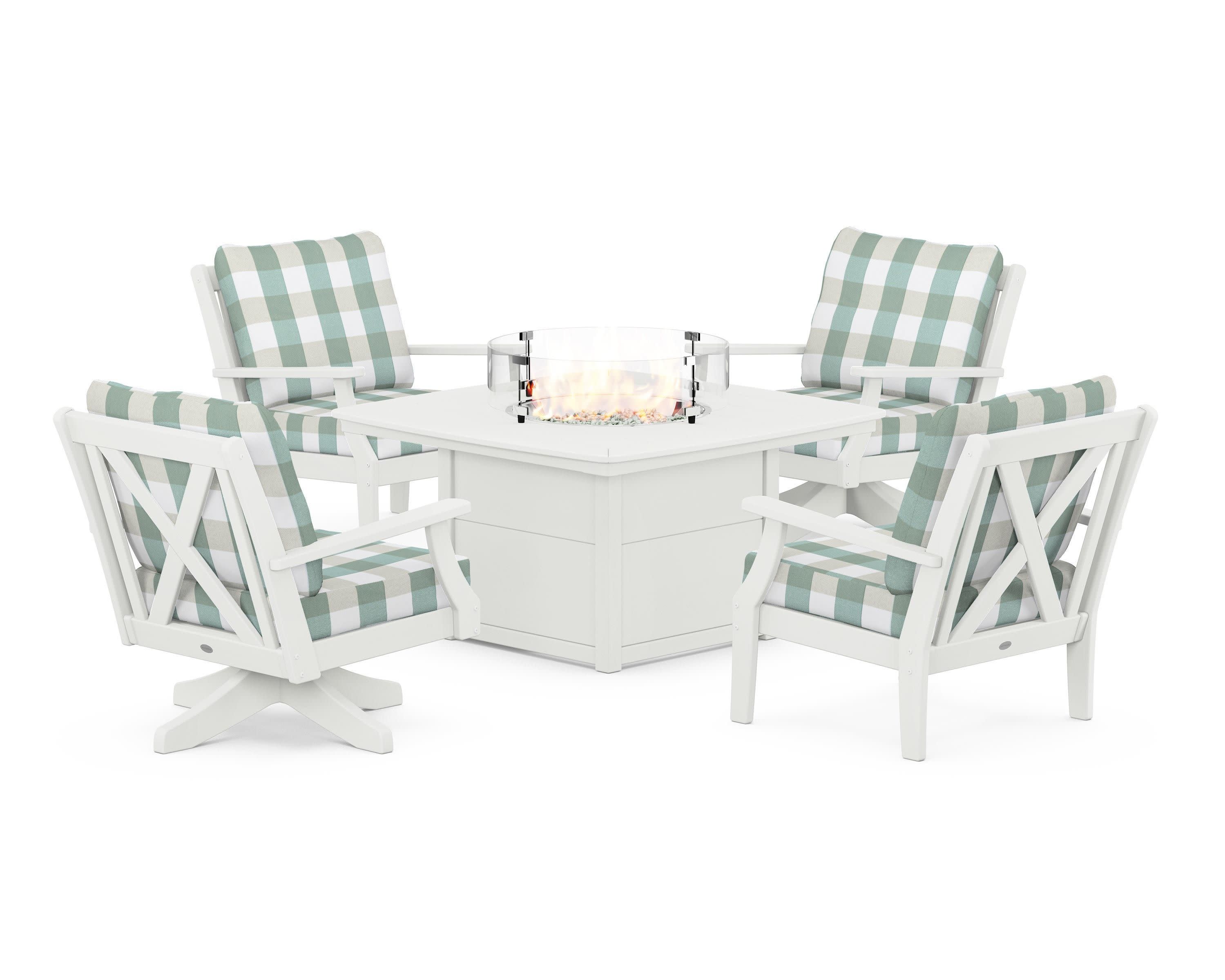 Braxton 5-Piece Deep Seating Set with Fire Table in Vintage White / Buffalo Plaid Glacier Spa