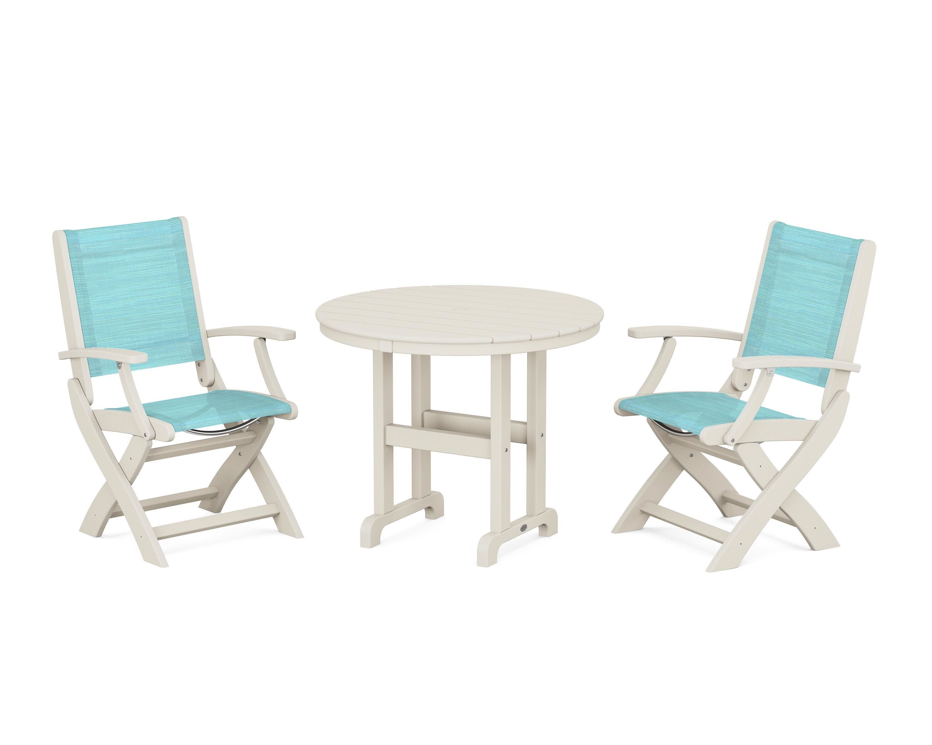Coastal Folding Chair 3-Piece Round Dining Set in Sand / Dupioni Aquamarine Sling