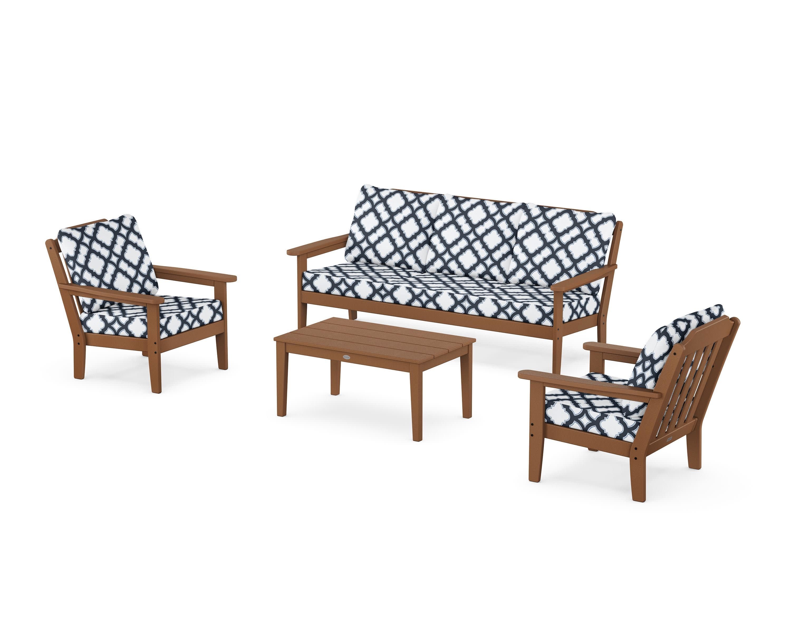 Cottage 4-Piece Deep Seating Set with Sofa in Teak / Trellis Marine Indigo