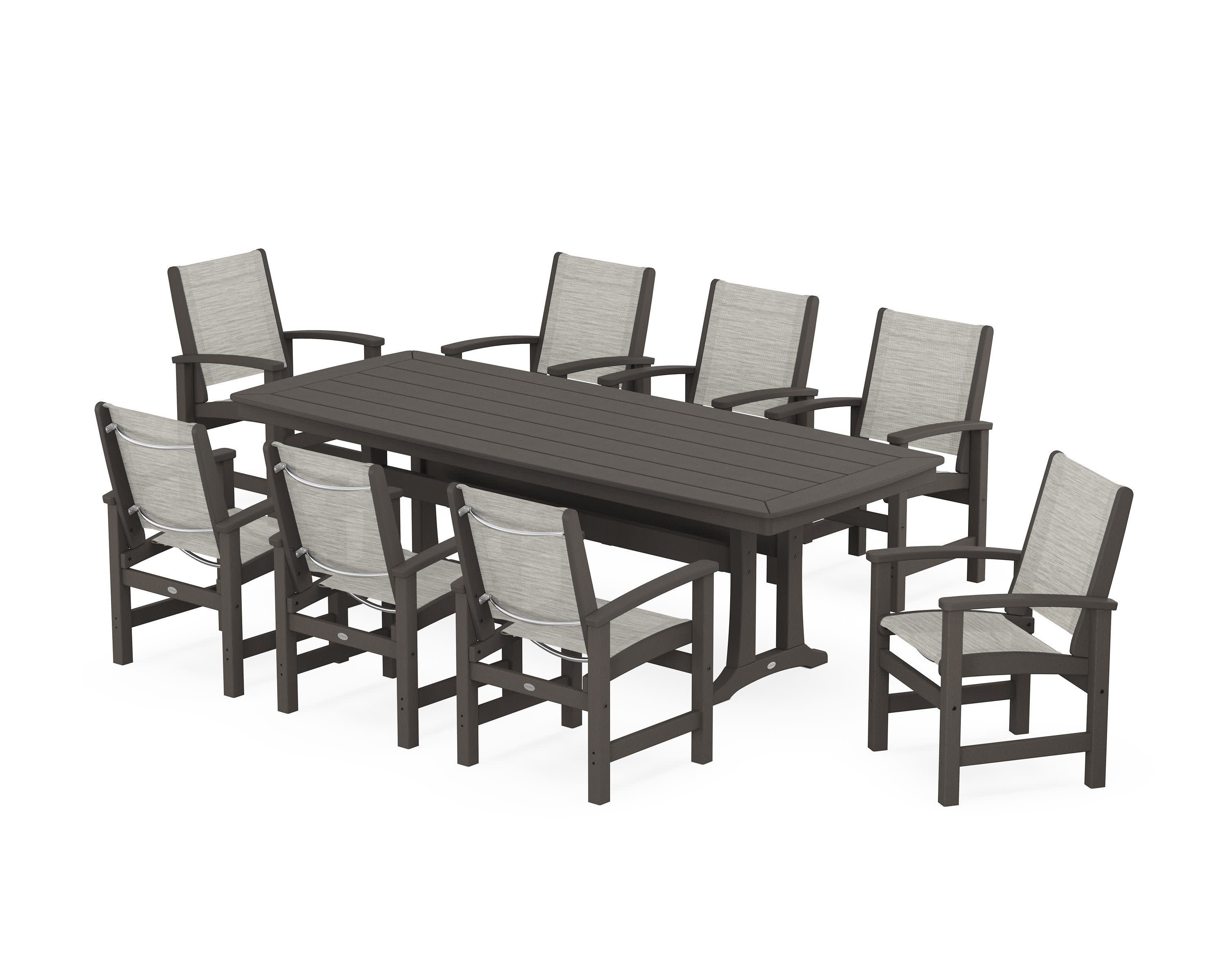 Coastal 9-Piece Dining Set with Trestle Legs in Vintage Coffee / Birch Sling