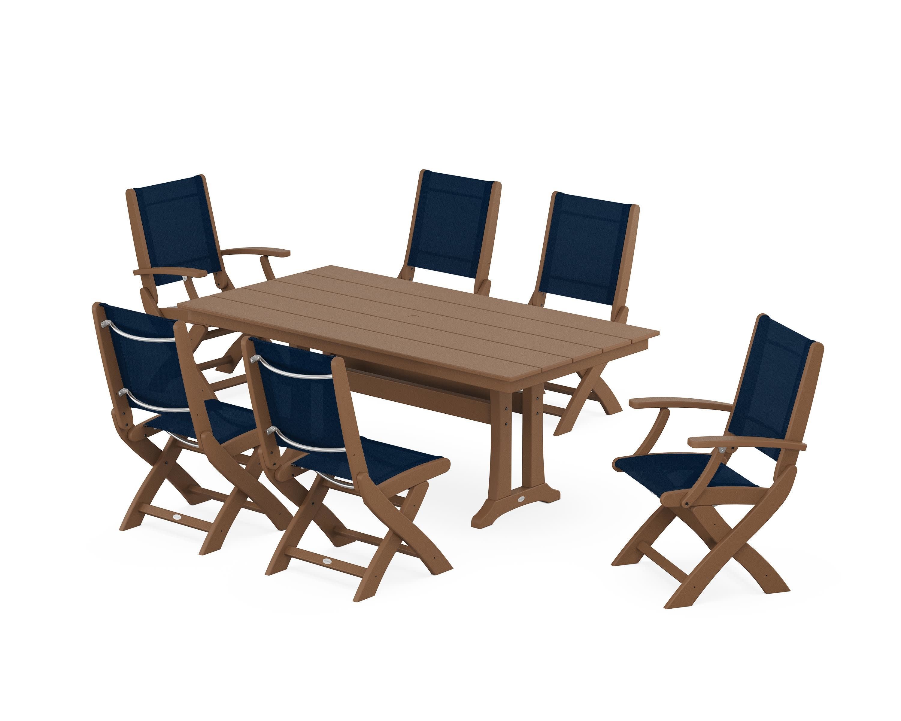 Coastal Folding Chair 7-Piece Farmhouse Dining Set with Trestle Legs in Teak / Navy Blue Sling