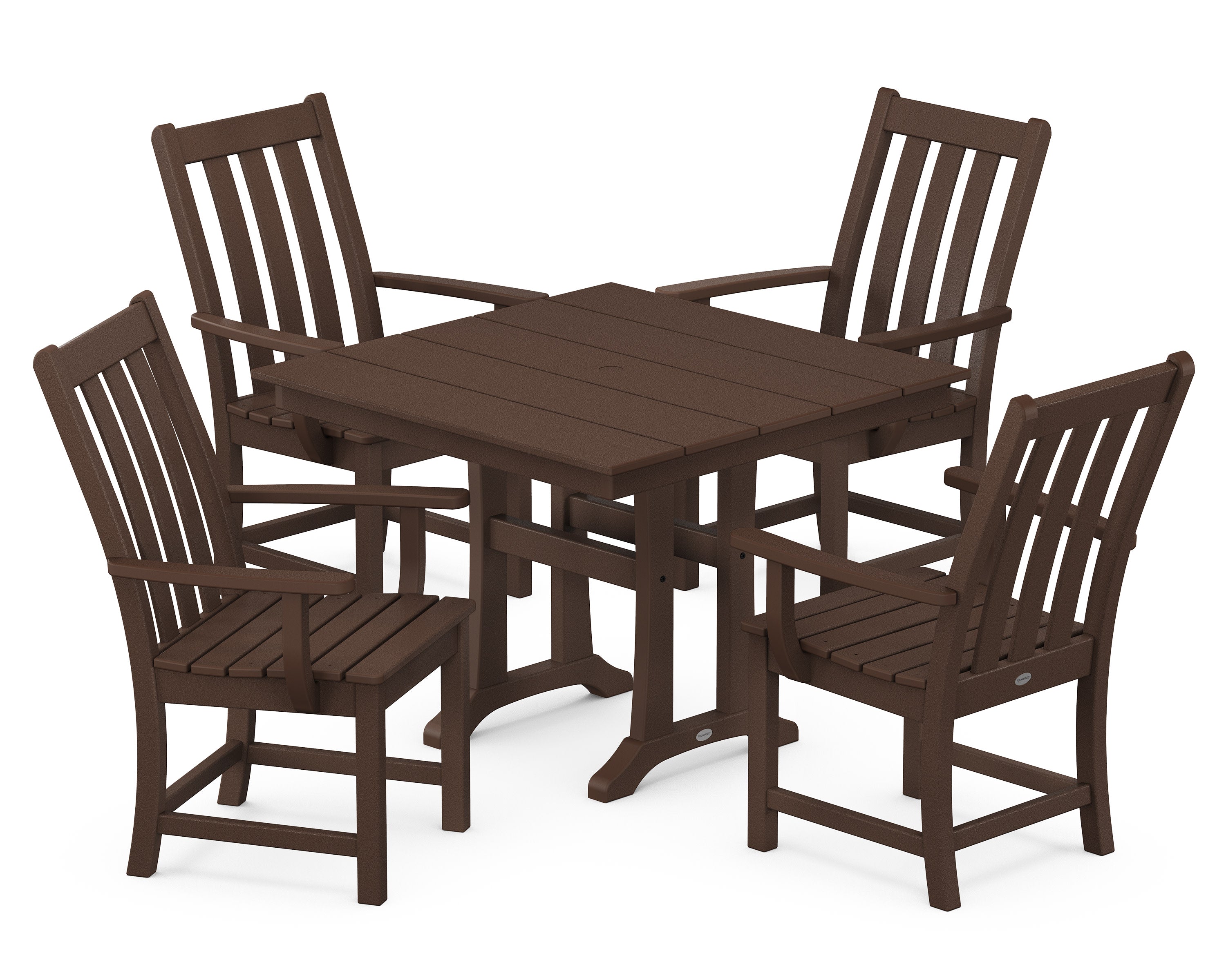 Vineyard 5-Piece Farmhouse Trestle Arm Chair Dining Set in Mahogany