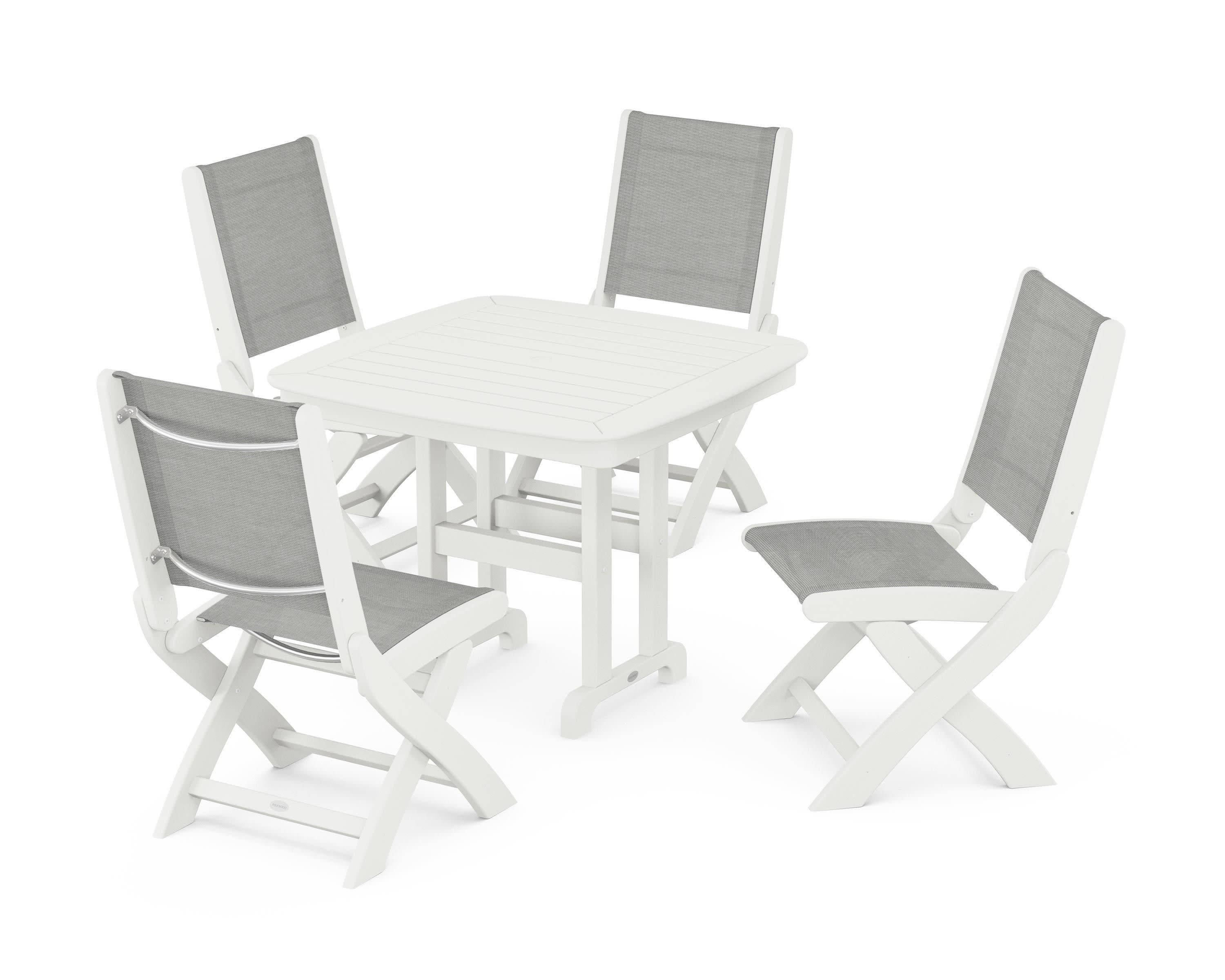 Coastal Folding Side Chair 5-Piece Dining Set in Vintage White / Metallic Sling