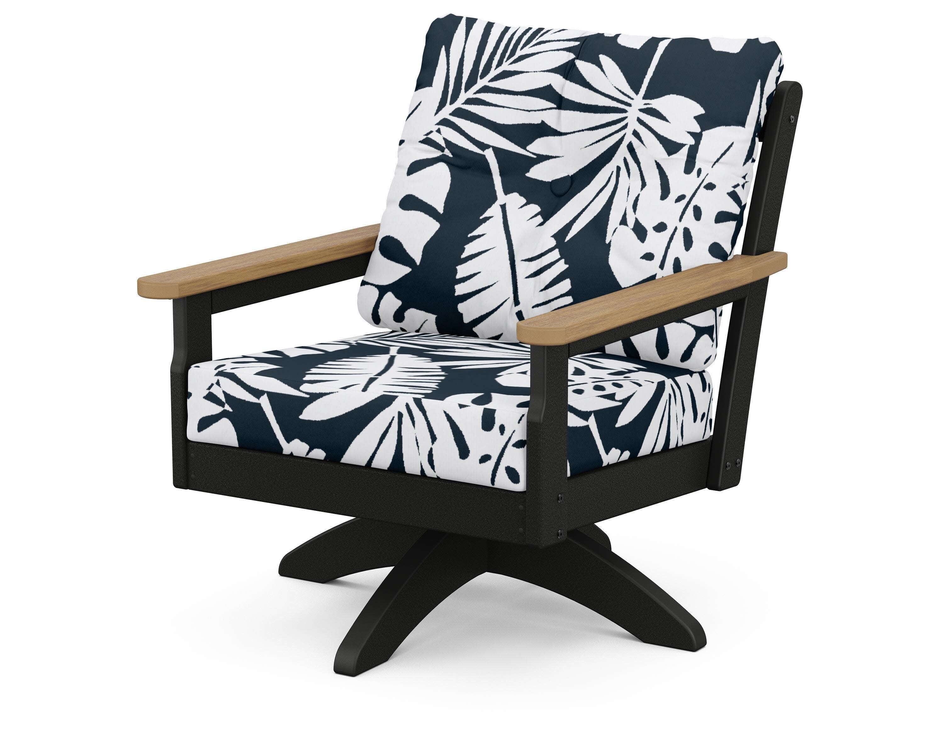Vineyard Deep Seating Swivel Chair in Black / Natural / Leaf Marine Indigo