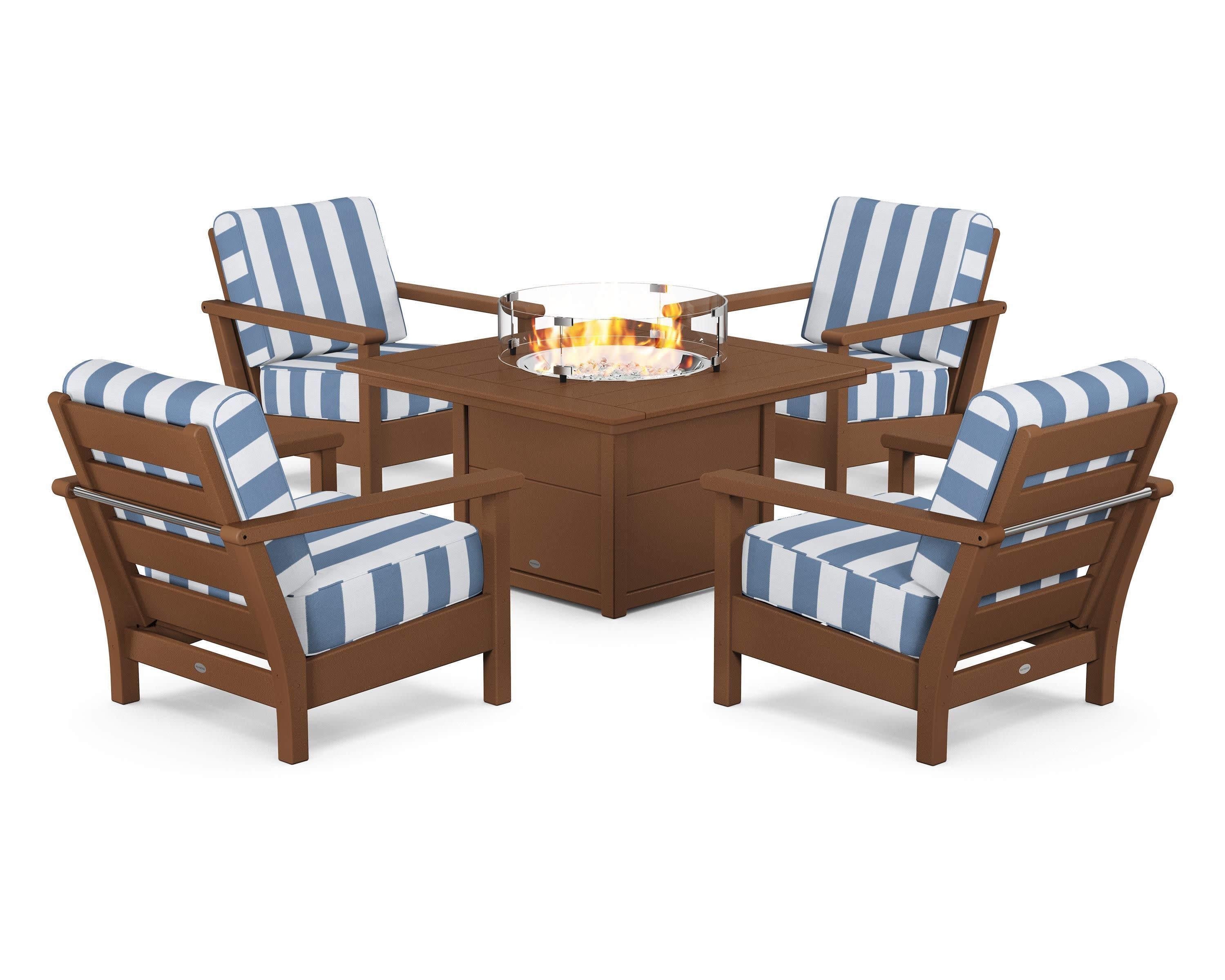 Harbour 5-Piece Conversation Set with Fire Pit Table in Teak / Cabana Stripe Sky Blue