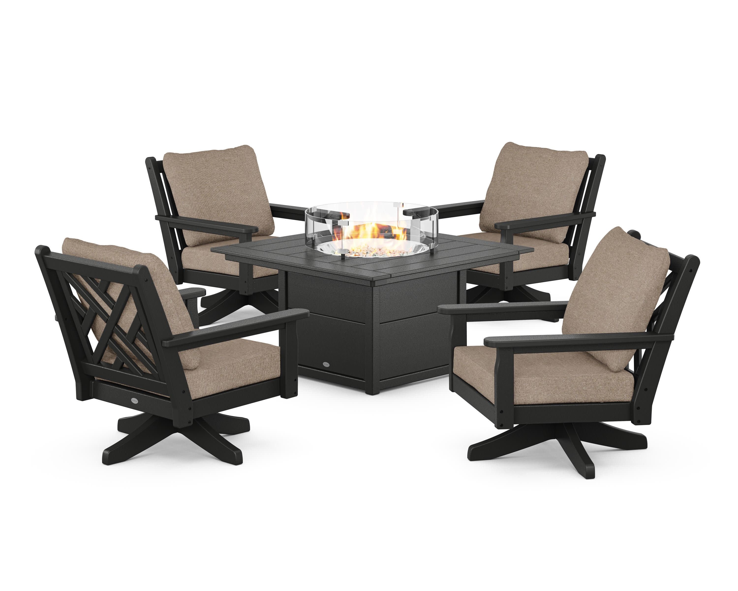 Chippendale 5-Piece Deep Seating Swivel Conversation Set with Fire Pit Table in Black / Spiced Burlap