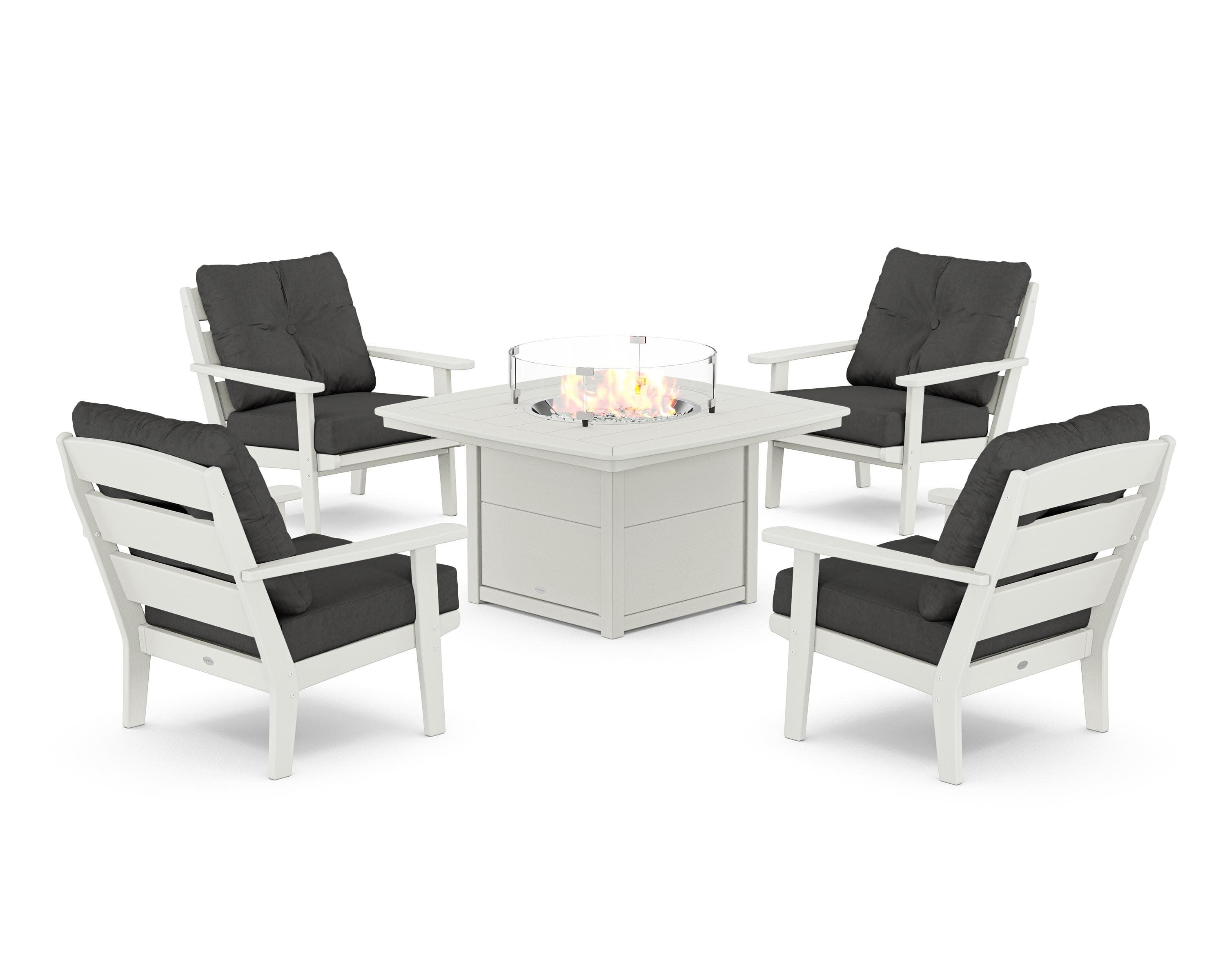 Lakeside 5-Piece Deep Seating Set with Nautical Fire Pit Table in Vintage White / Spectrum Carbon