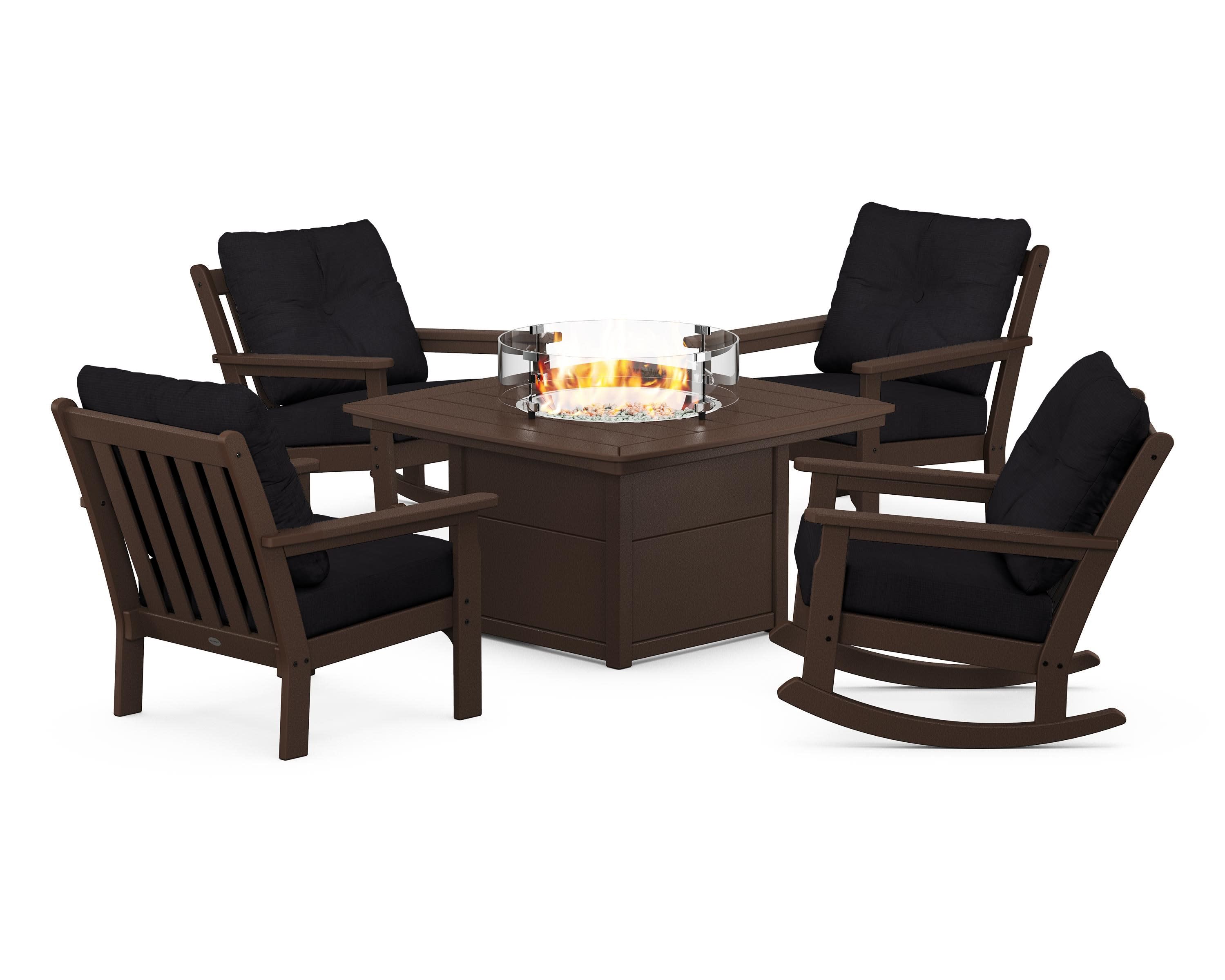 Vineyard 5-Piece Deep Seating Rocking Chair Conversation Set with Fire Pit Table in Mahogany / Midnight Linen