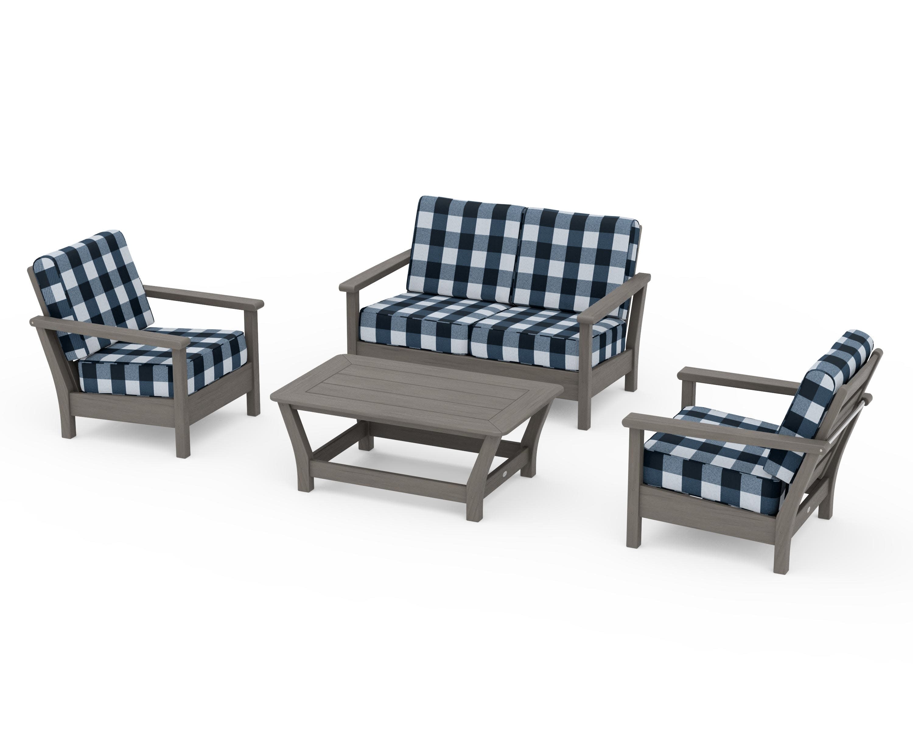 Harbour 4-Piece Deep Seating Set in Driftwood / Buffalo Plaid Marine Indigo