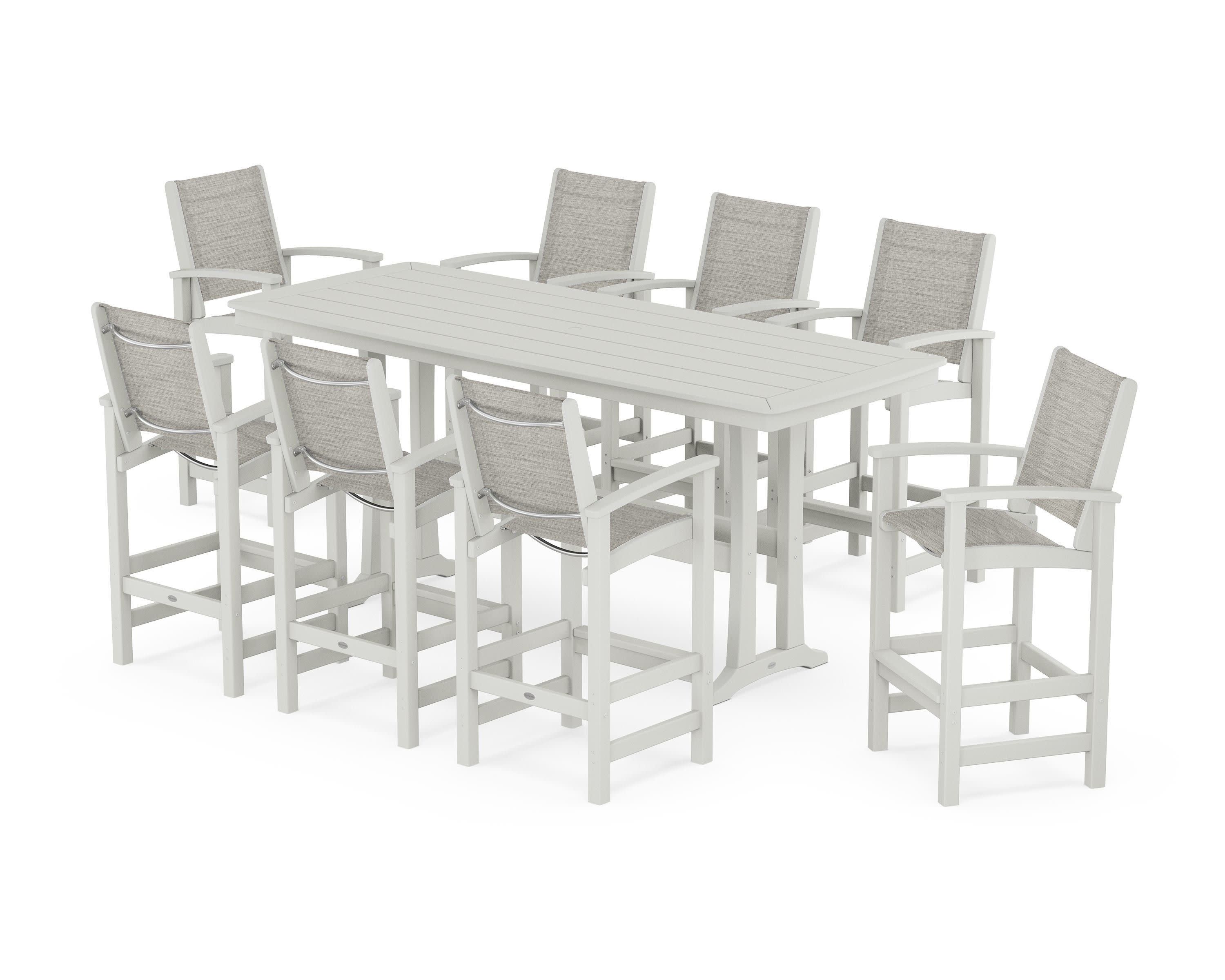 Coastal 9-Piece Bar Set with Trestle Legs in Vintage White / Birch Sling