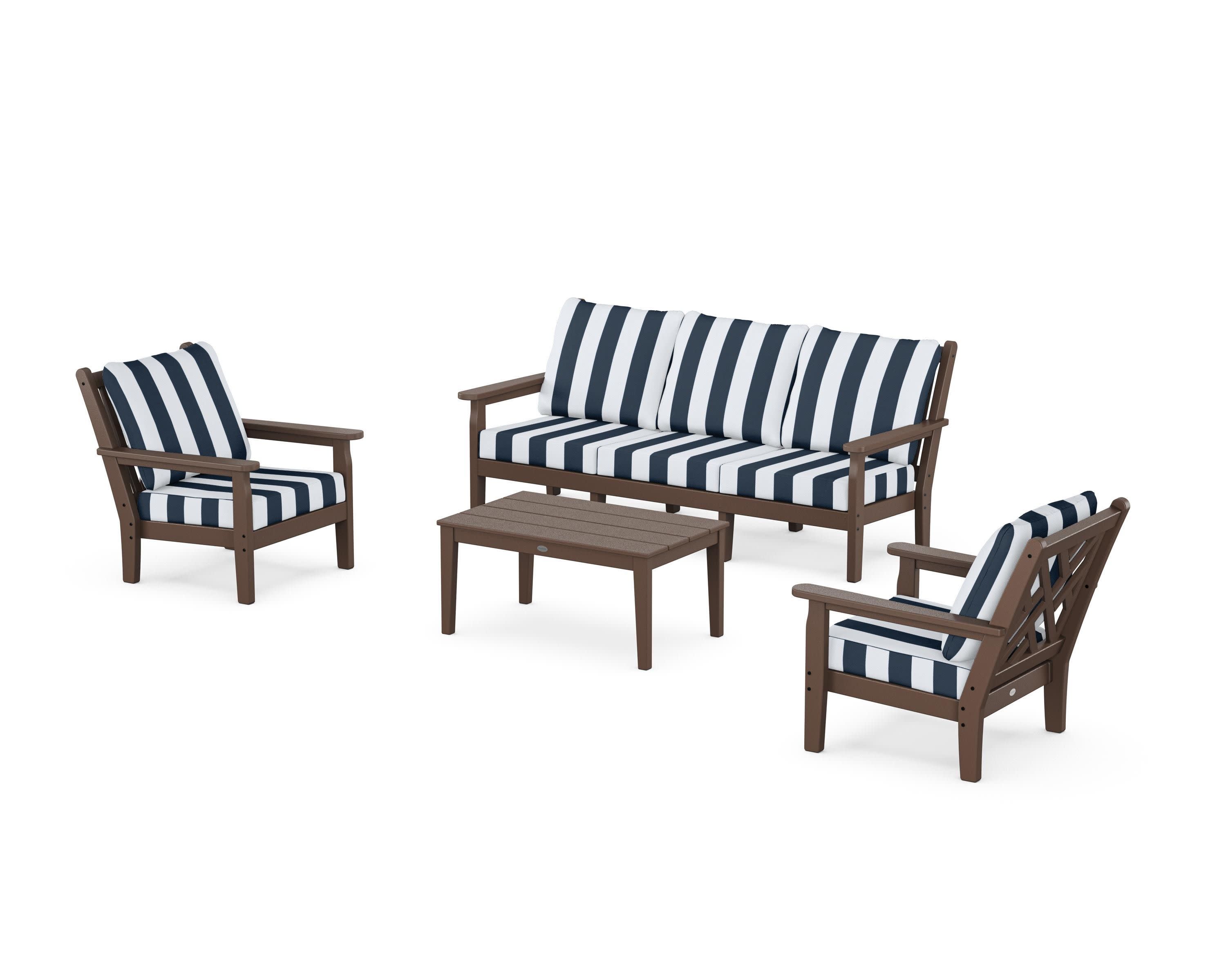 Chippendale 4-Piece Deep Seating Set with Sofa in Mahogany / Cabana Stripe Marine Indigo