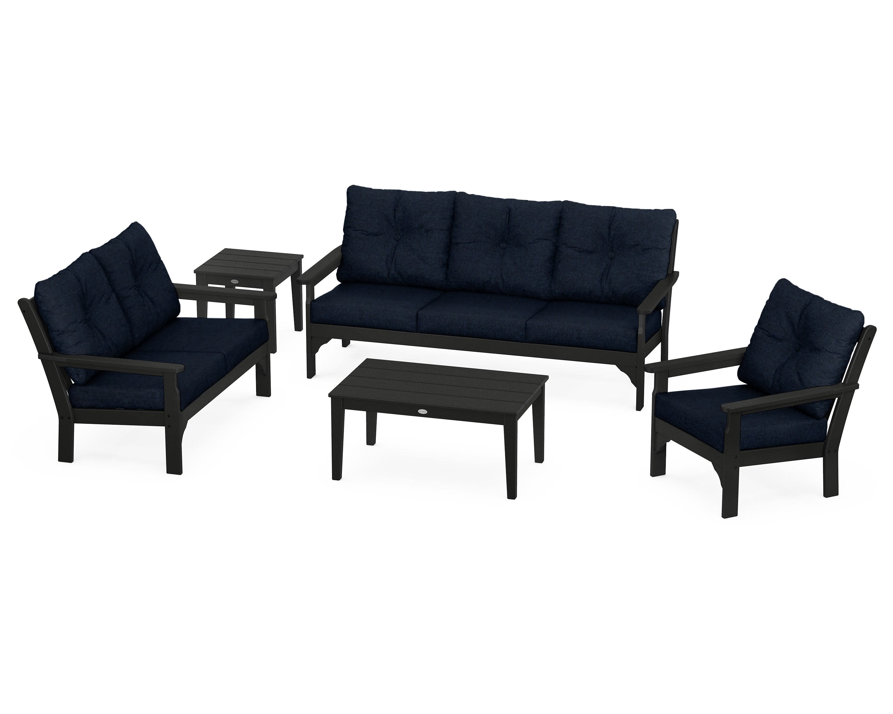 Vineyard 5 Piece Deep Seating Set in Black / Marine Indigo