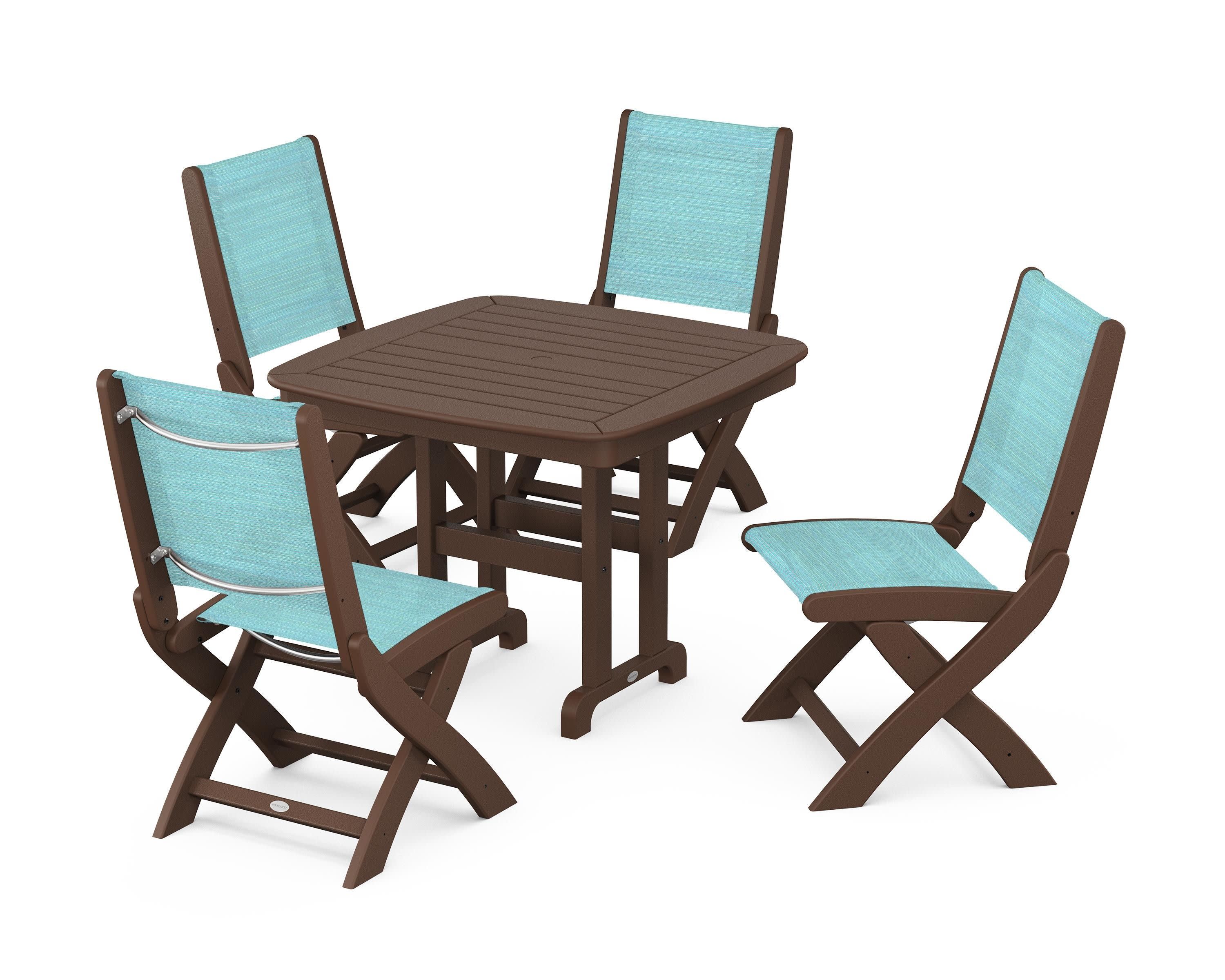 Coastal Folding Side Chair 5-Piece Dining Set in Mahogany / Dupioni Aquamarine Sling
