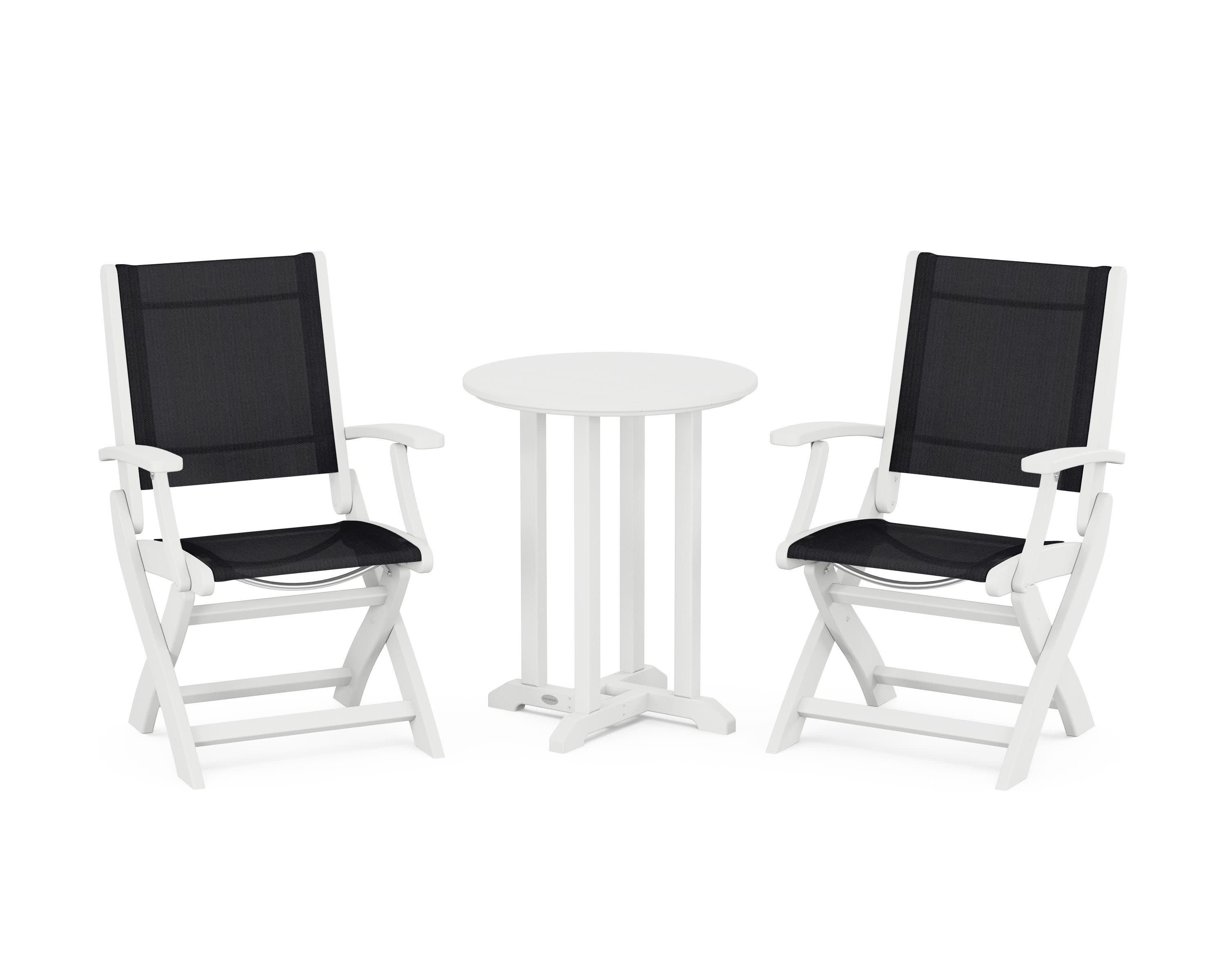 Coastal Folding 3-Piece Round Bistro Dining Set in White / Black Sling