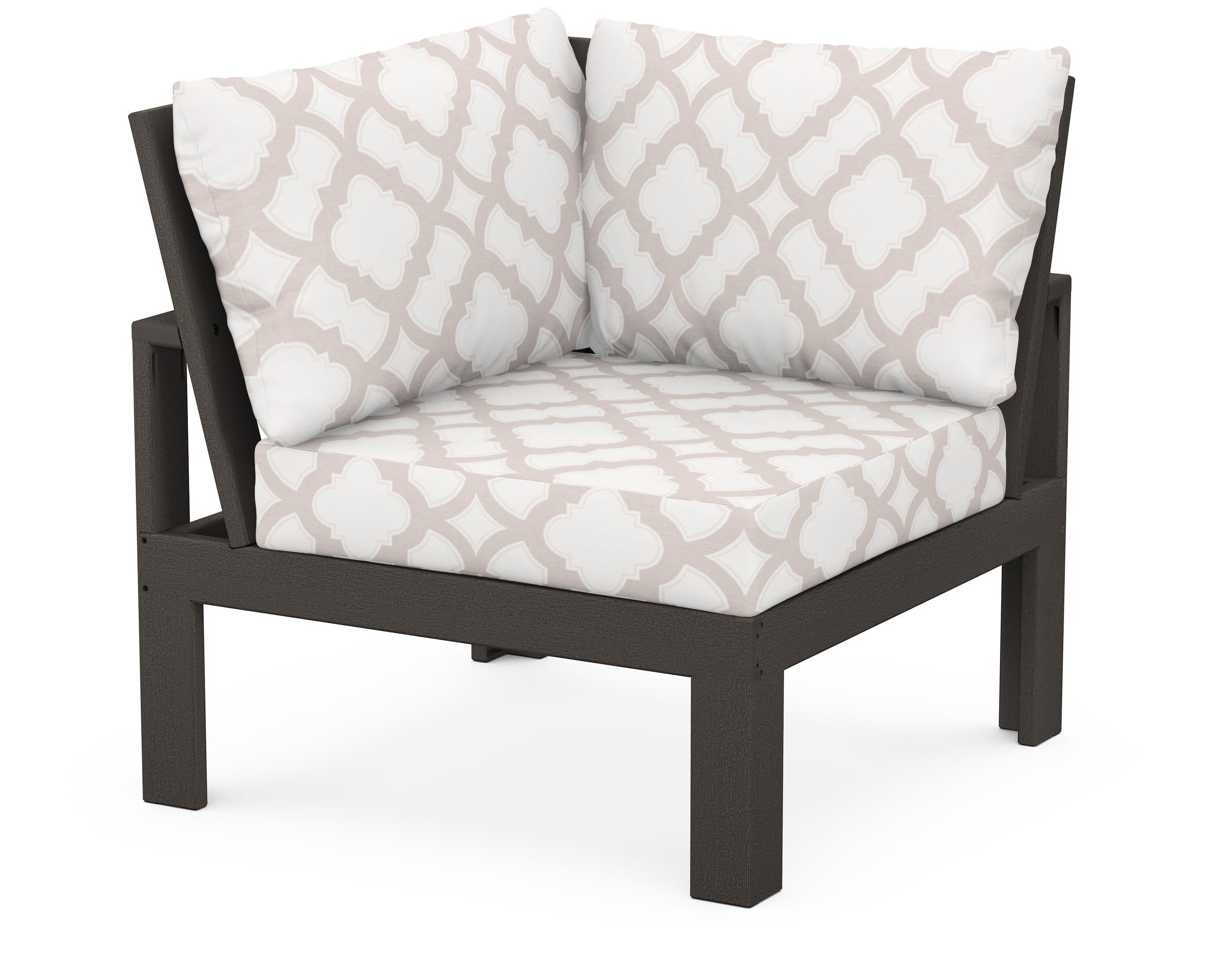 Modular Corner Chair in Vintage Coffee / Trellis Dune Burlap