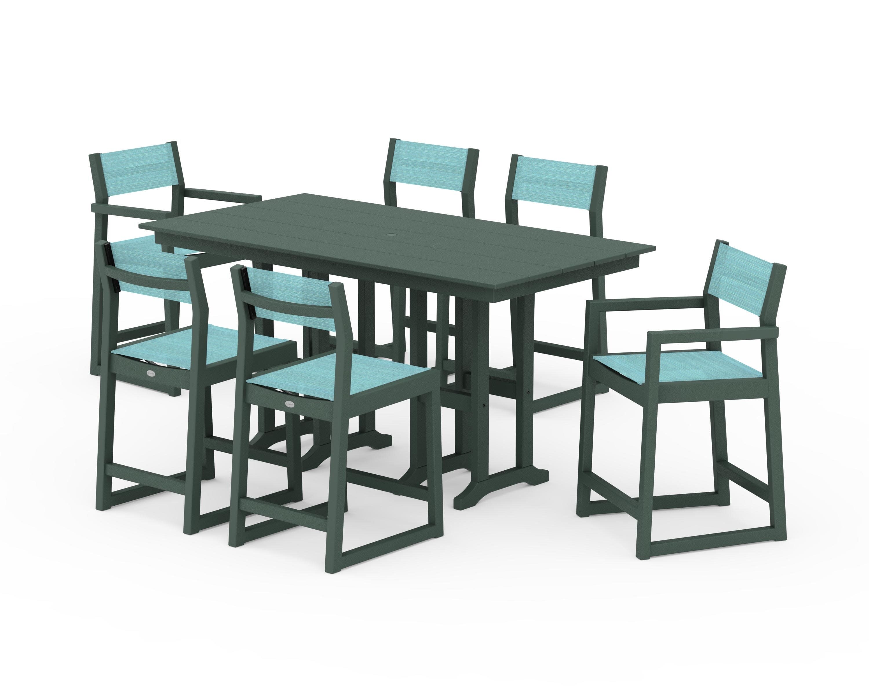 EDGE Sling 7-Piece Farmhouse Counter Set in Green / Dupioni Aquamarine Sling
