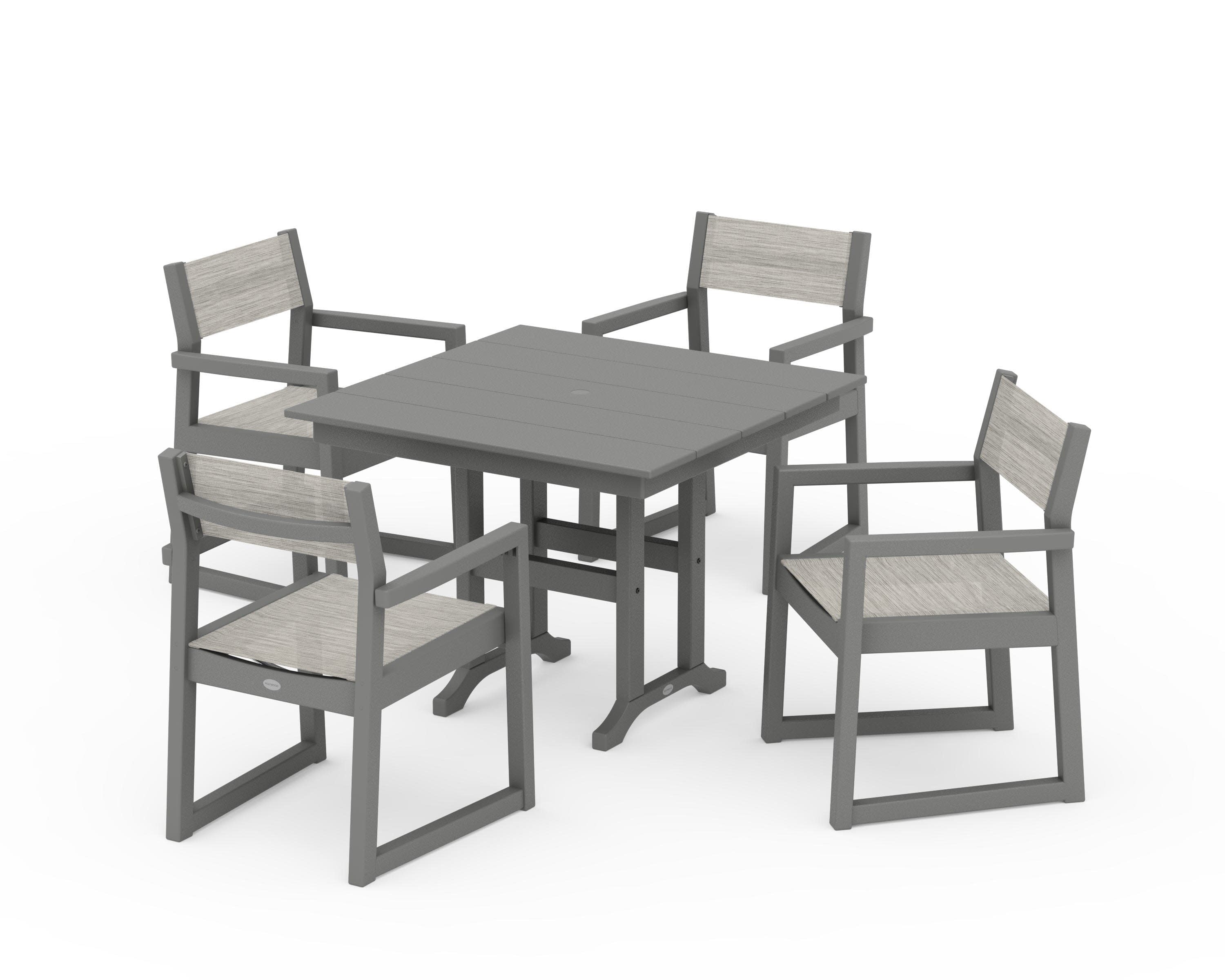 EDGE Sling Arm Chair 5-Piece Farmhouse Dining Set in Slate Grey / Birch Sling
