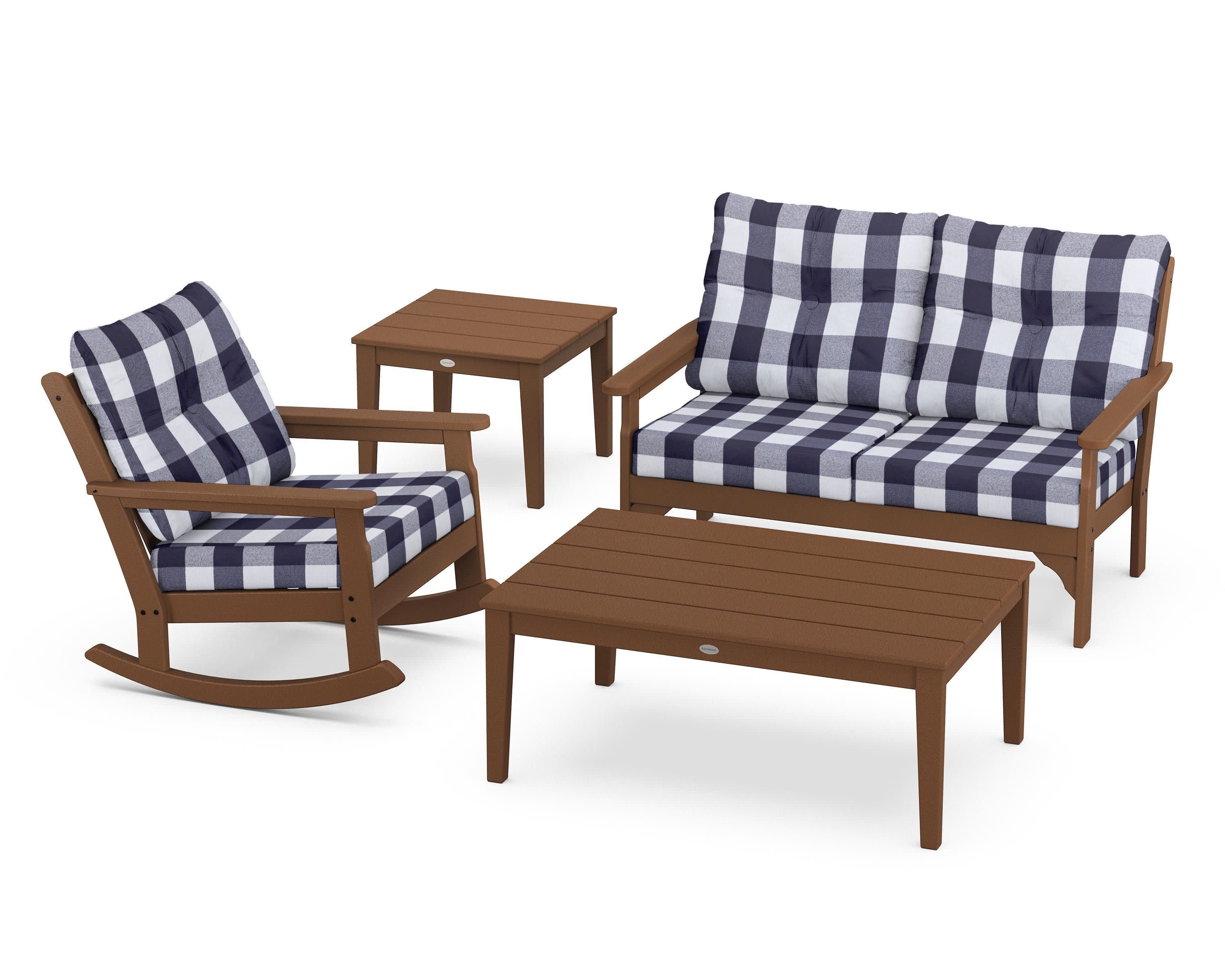 Vineyard 4-Piece Deep Seating Rocker Set in Teak / Buffalo Plaid Navy