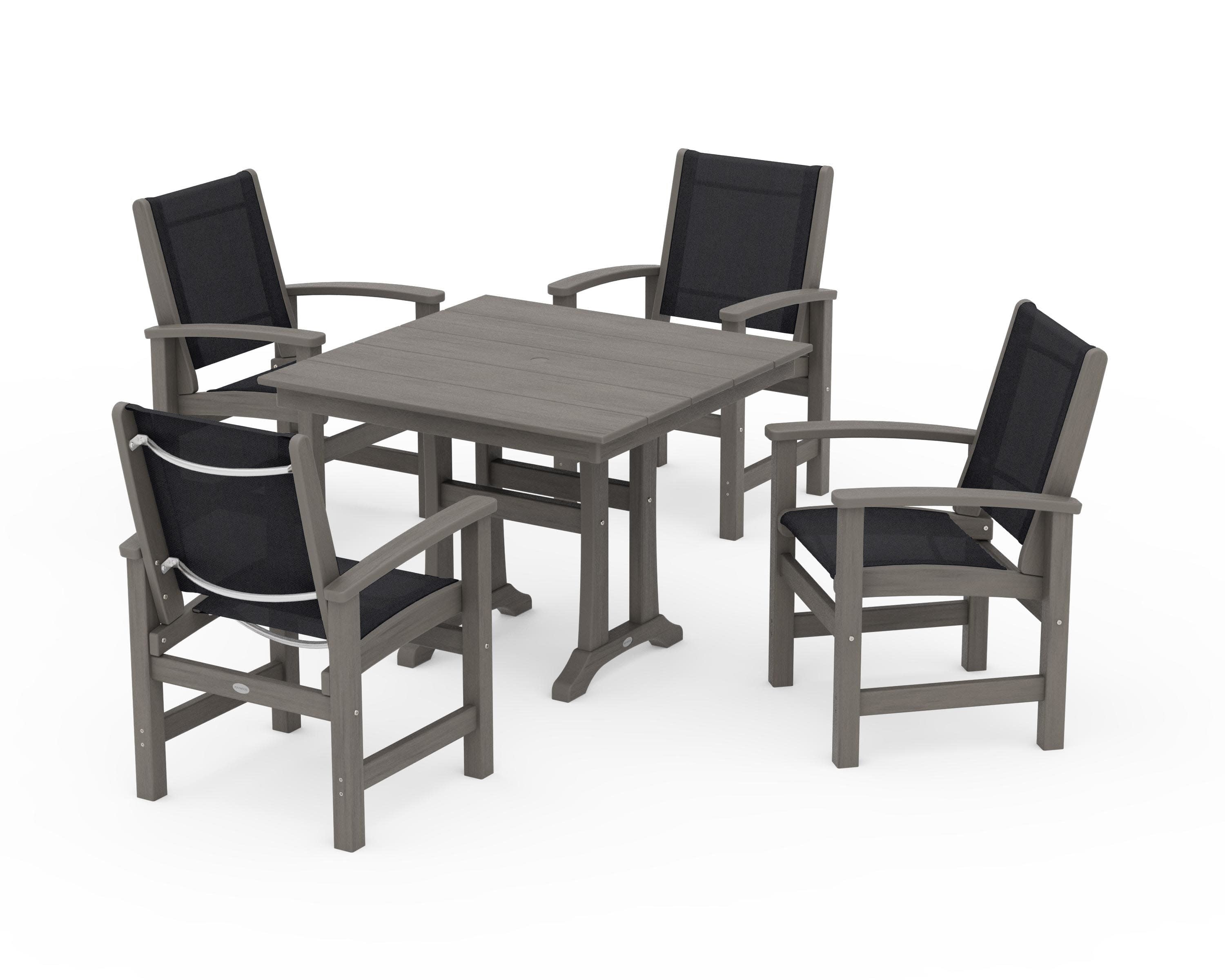 Coastal 5-Piece Farmhouse Dining Set With Trestle Legs in Driftwood / Black Sling