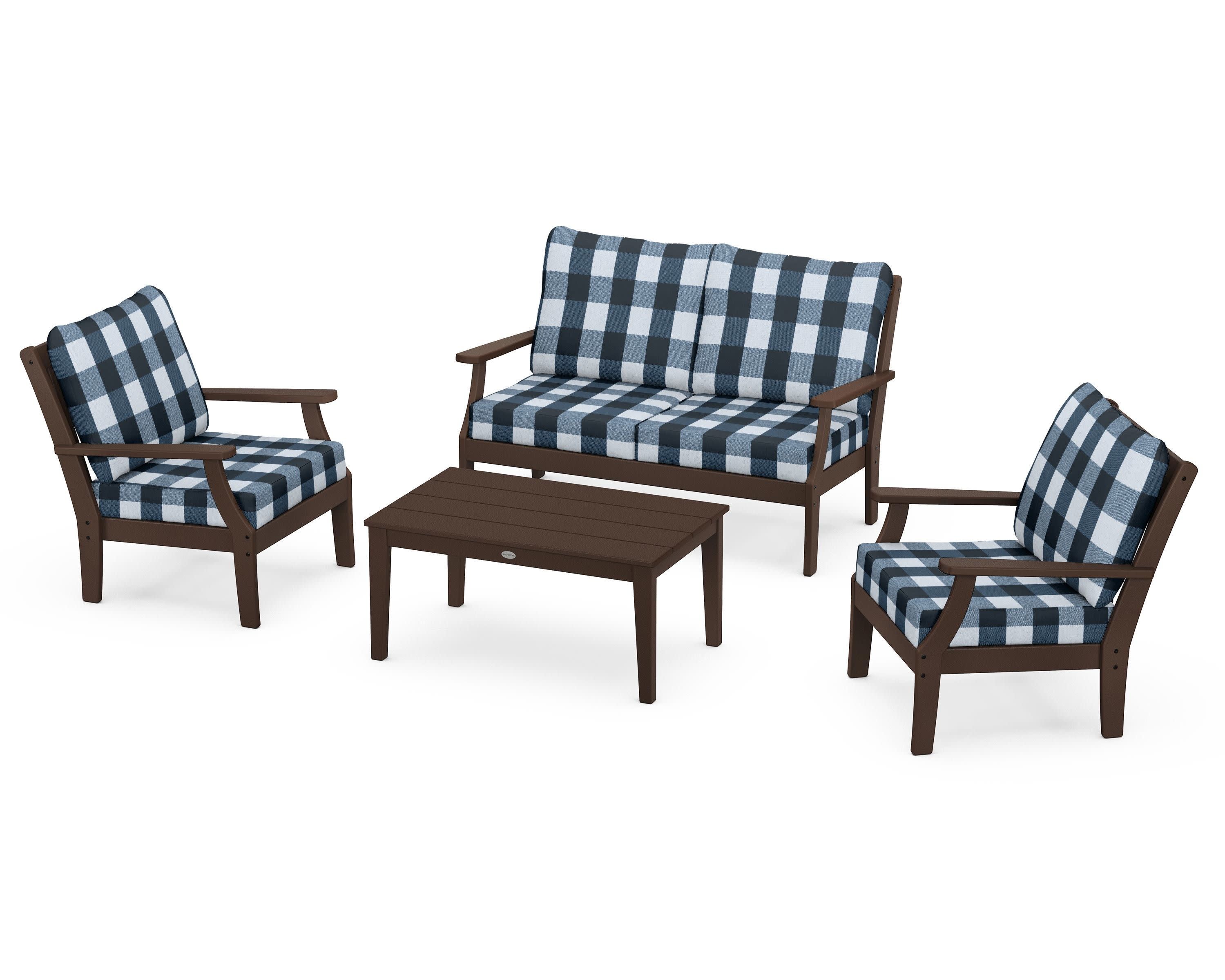 Braxton 4-Piece Deep Seating Chair Set in Mahogany / Buffalo Plaid Marine Indigo