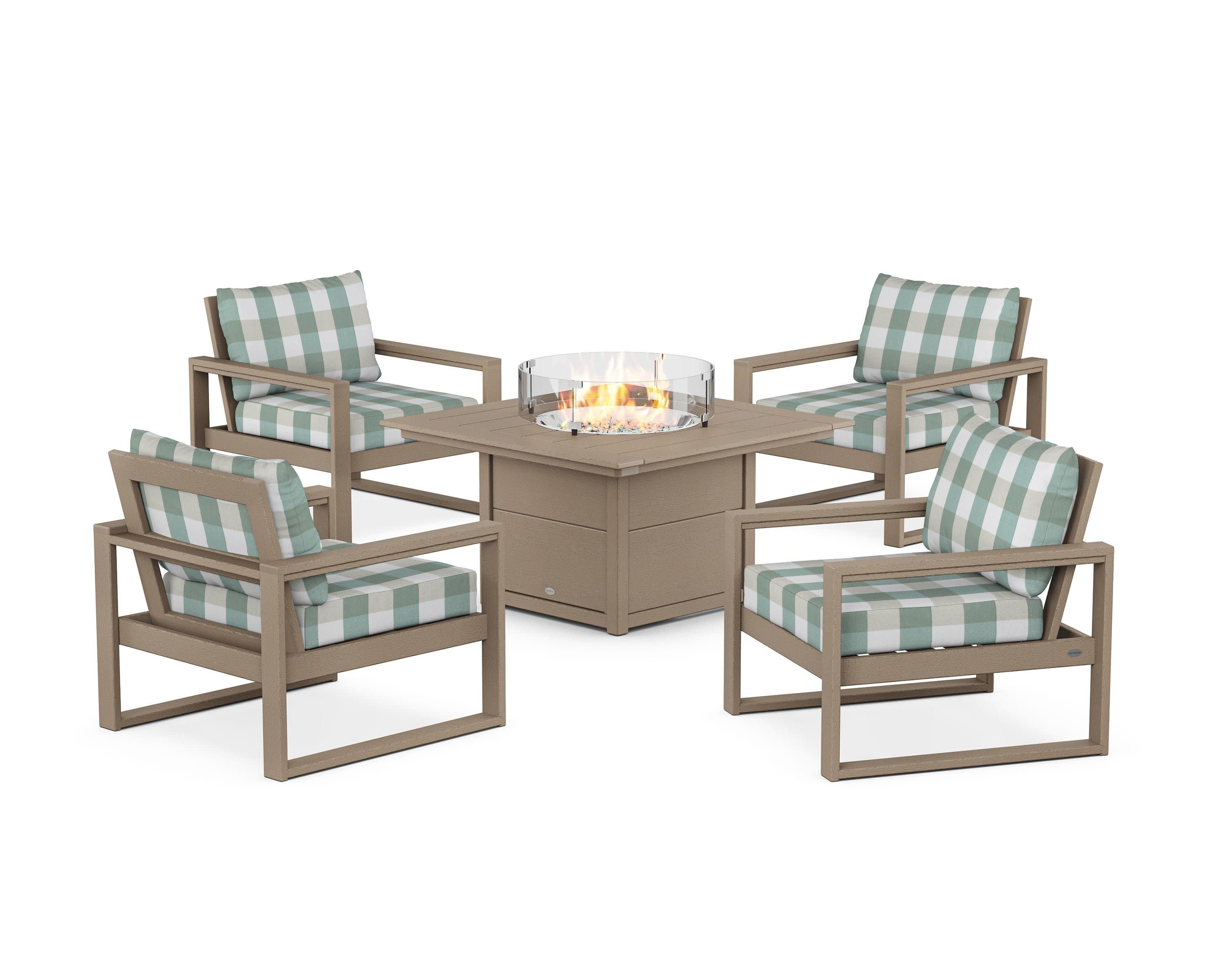 EDGE Sectional 5-Piece Deep Seating Set with Fire Pit Table in Vintage Sahara / Buffalo Plaid Glacier Spa