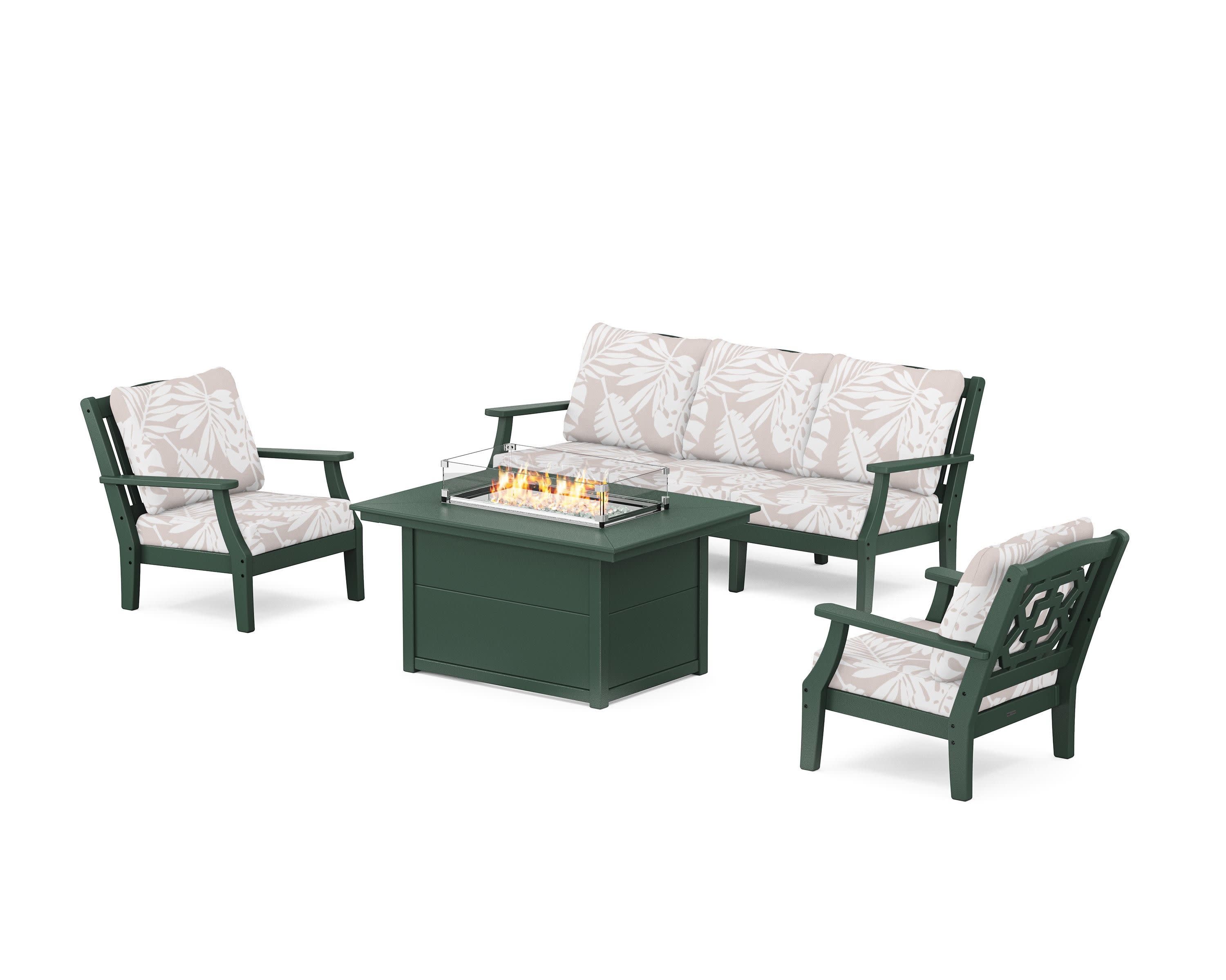 Chinoiserie Deep Seating Fire Pit Table Set in Green / Leaf Dune Burlap