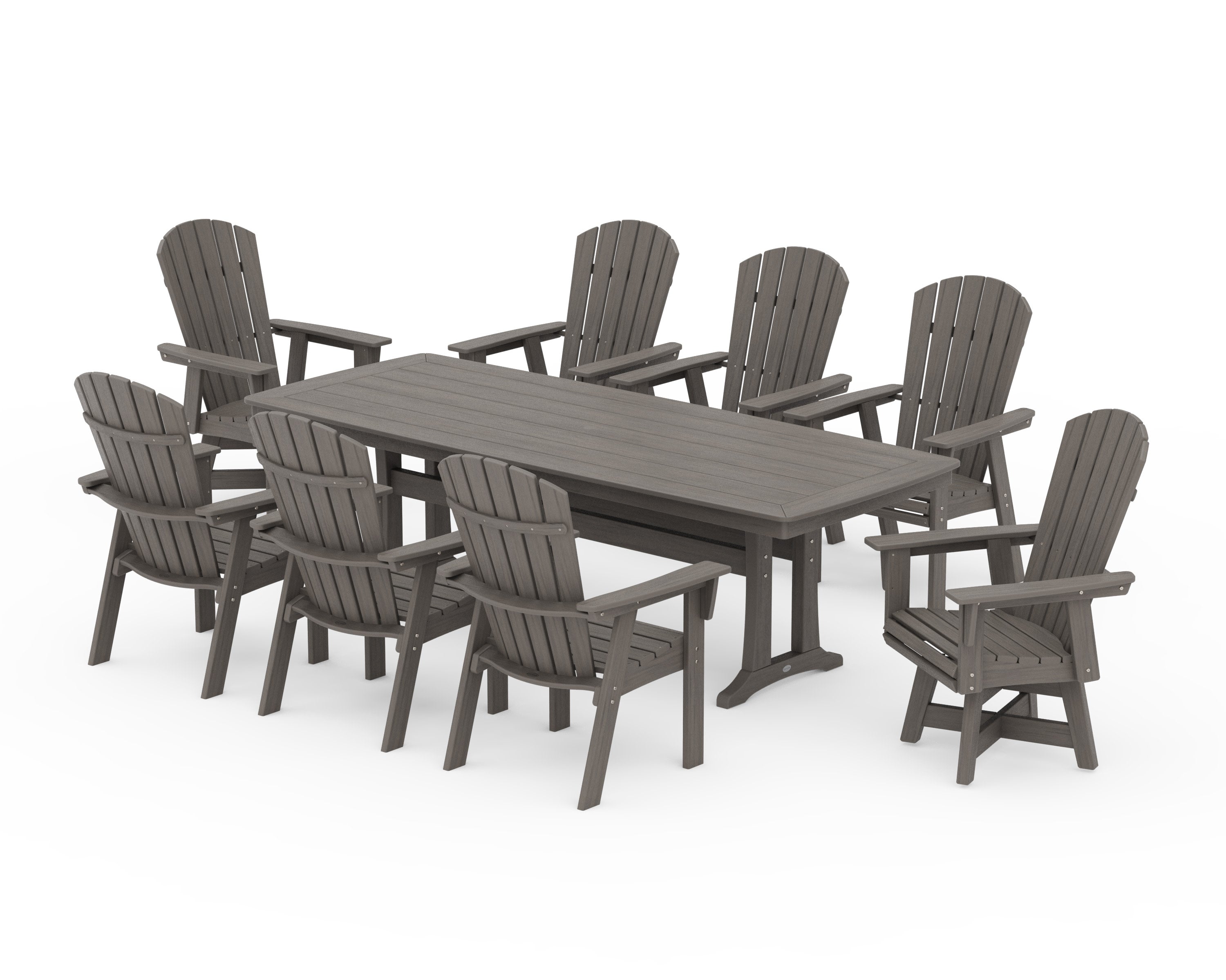 Nautical Curveback Adirondack Swivel 9-Piece Dining Set with Trestle Legs in Driftwood