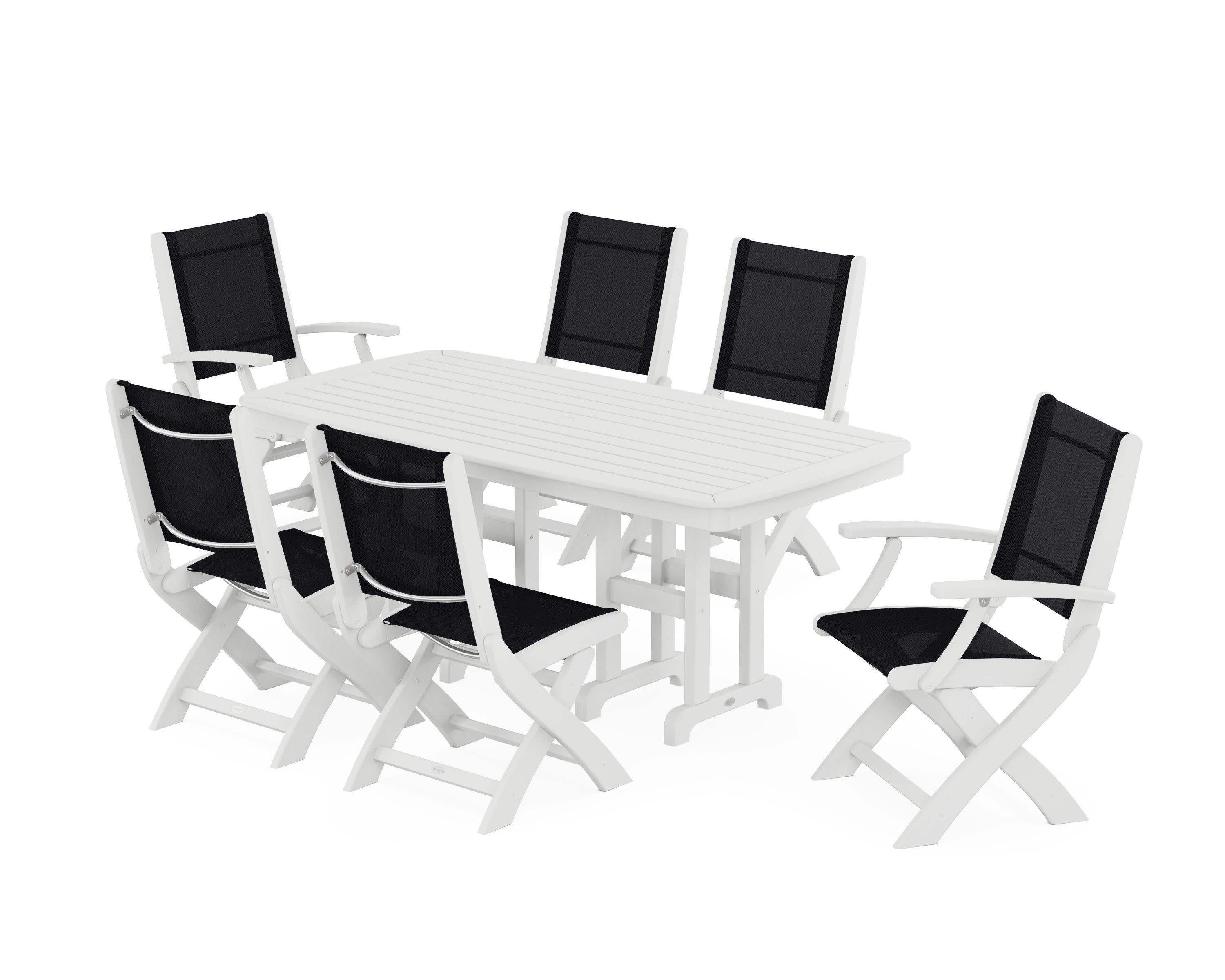 Coastal Folding Chair 7-Piece Dining Set in White / Black Sling