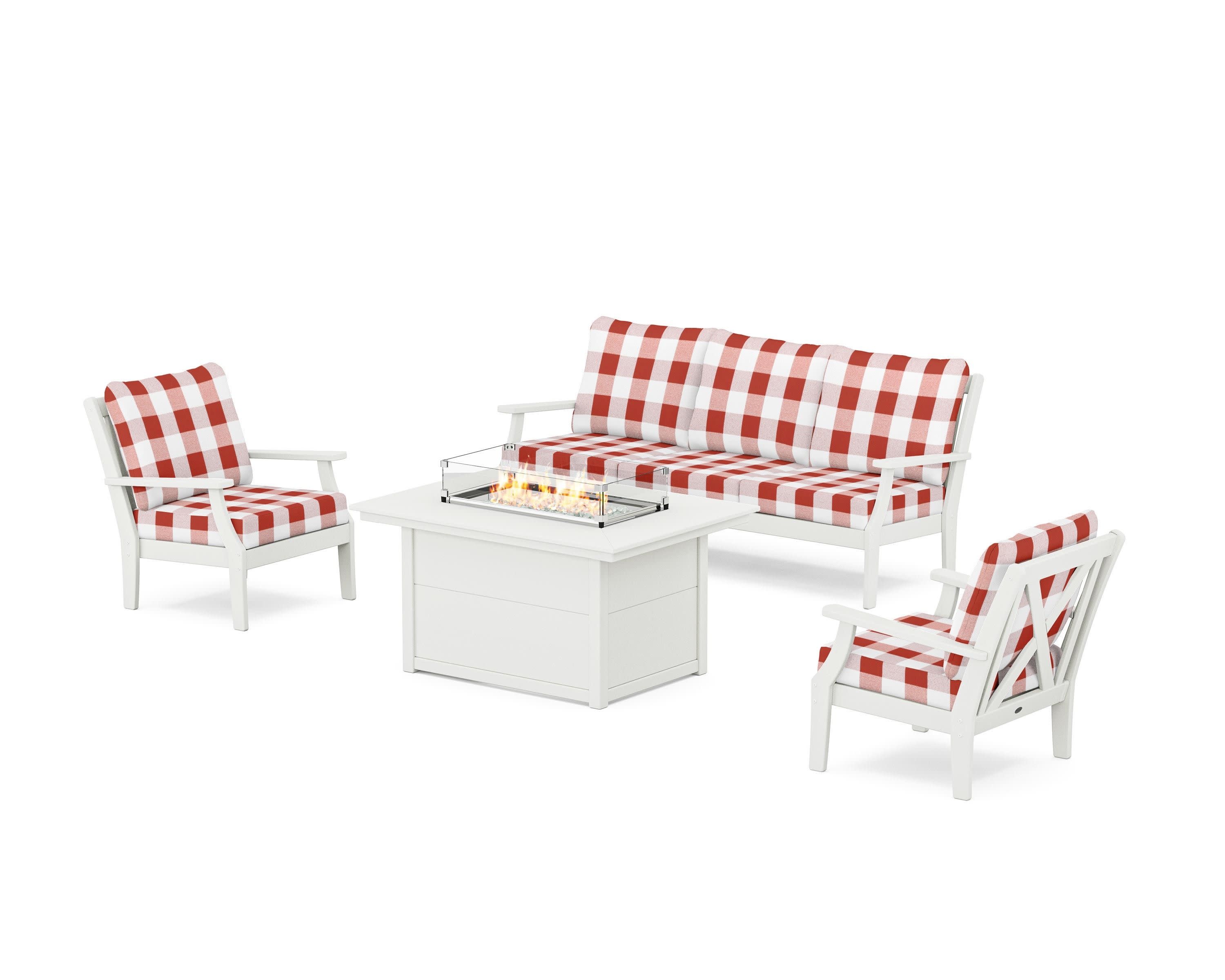 Braxton Deep Seating Fire Pit Table Set in Vintage White / Buffalo Plaid Crimson