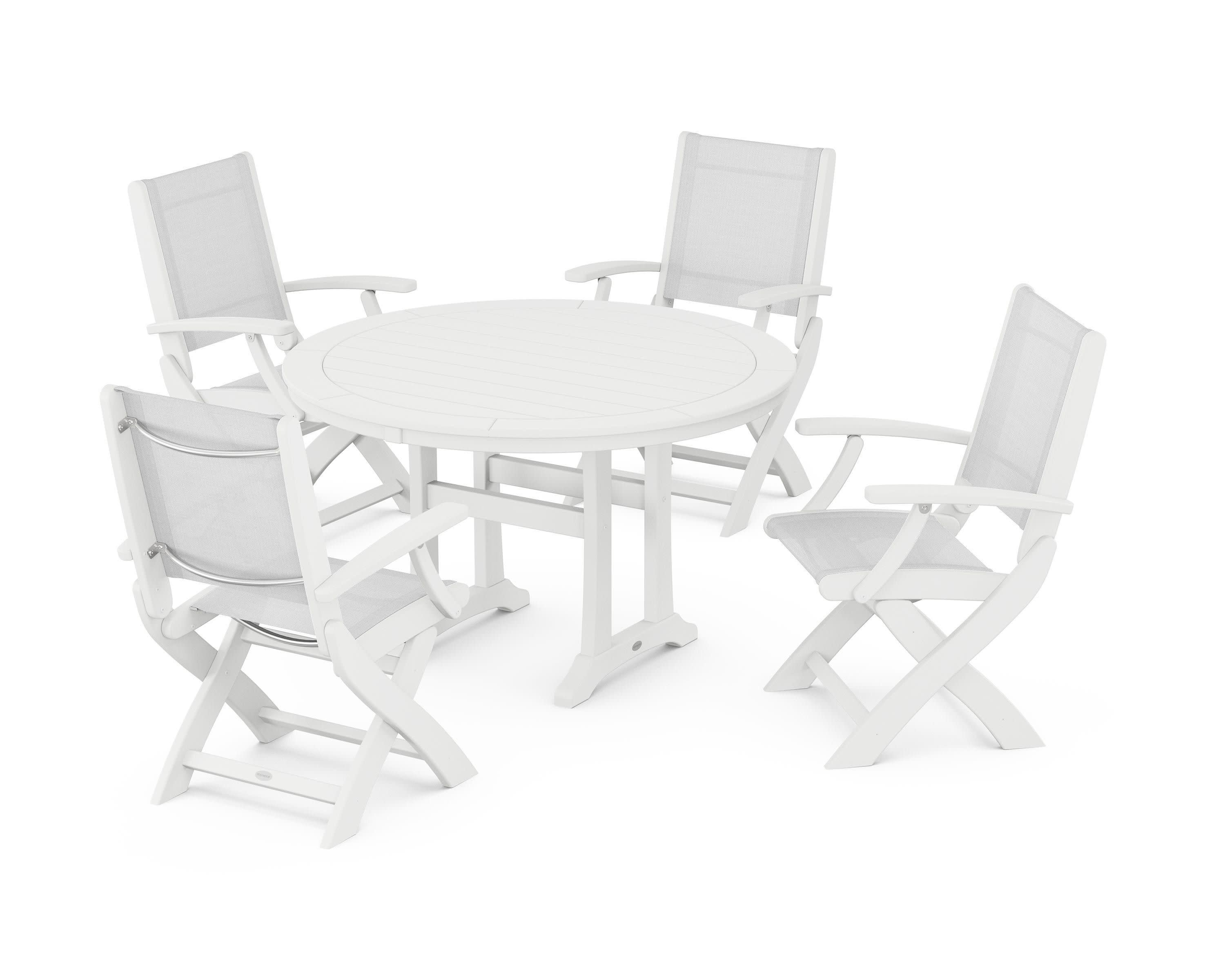 Coastal Folding Chair 5-Piece Round Dining Set with Trestle Legs in White / White Sling