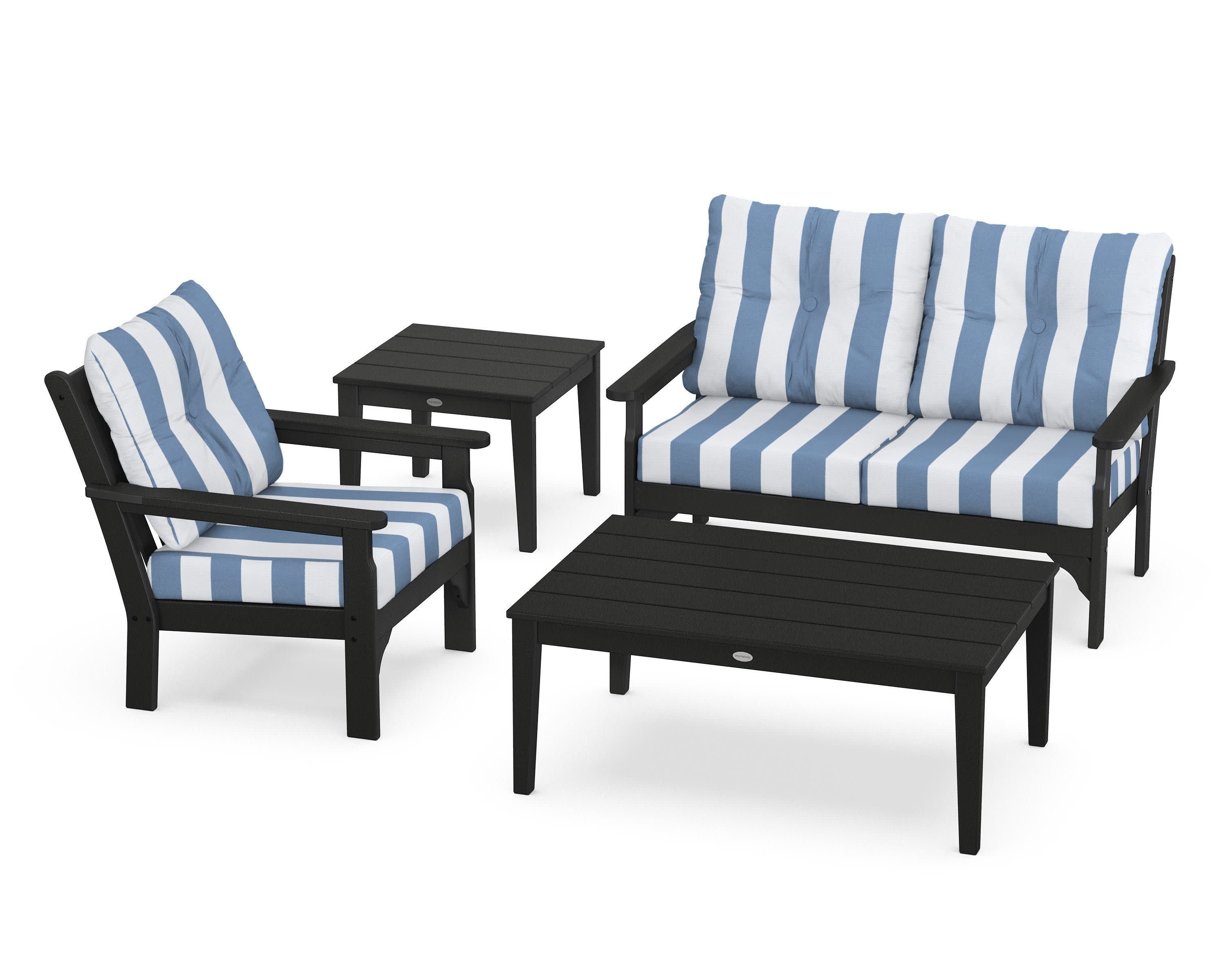 Vineyard 4-Piece Deep Seating Set in Black / Cabana Stripe Sky Blue