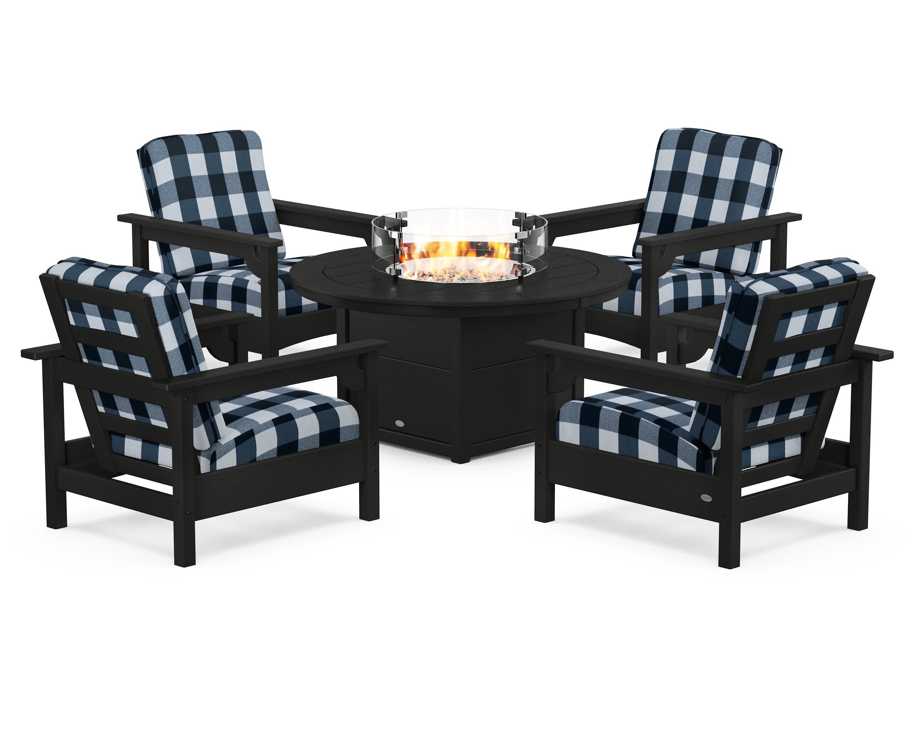 Club 5-Piece Conversation Set with Fire Pit Table in Black / Buffalo Plaid Marine Indigo