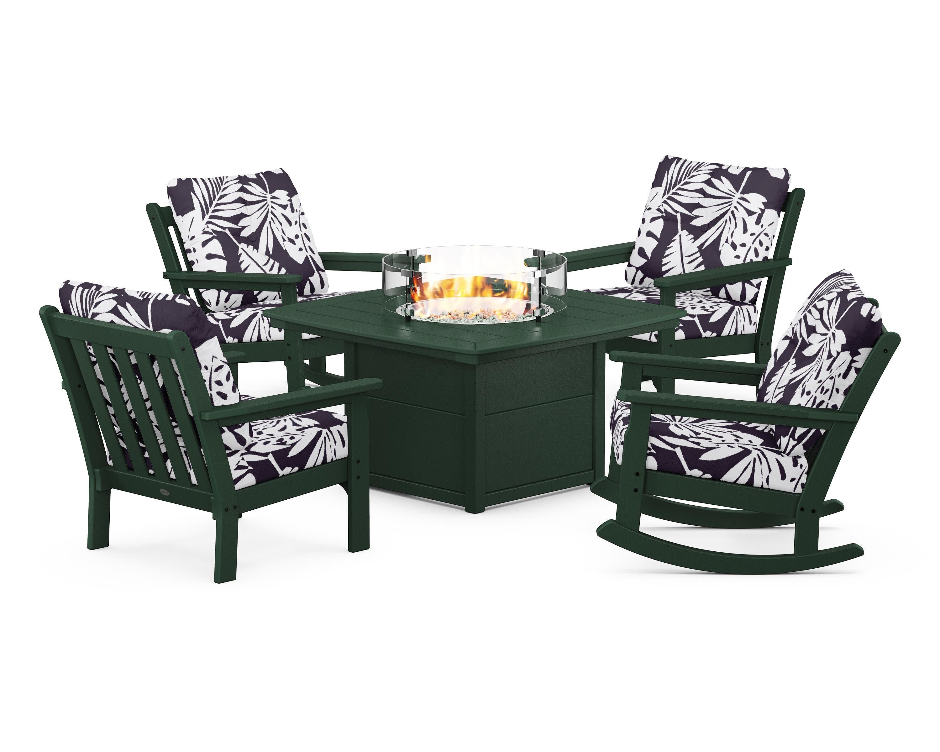Vineyard 5-Piece Deep Seating Rocking Chair Conversation Set with Fire Pit Table in Green / Leaf Navy