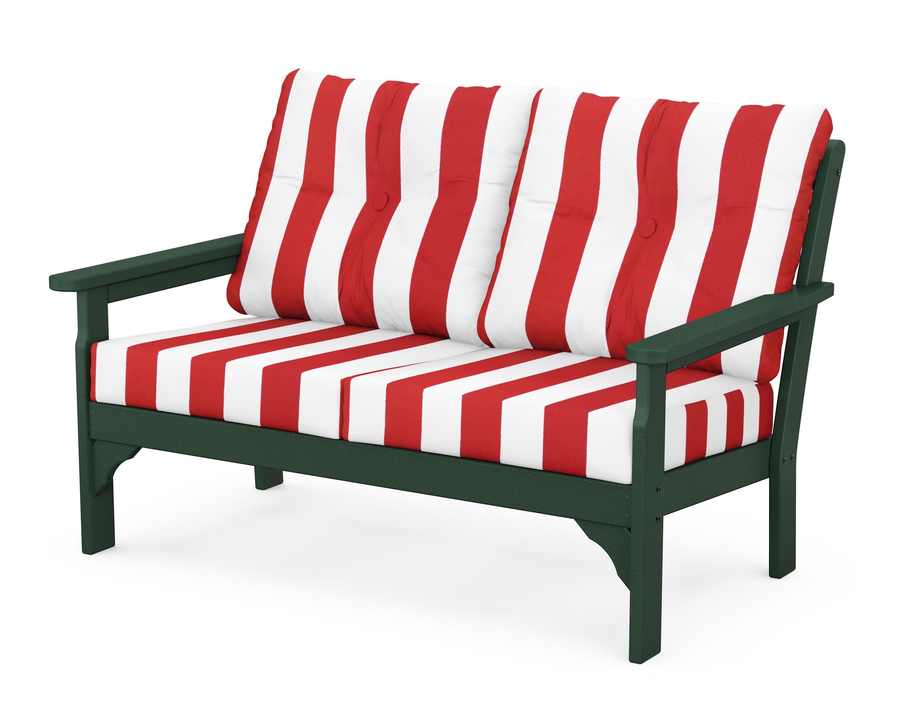 Vineyard Deep Seating Loveseat in Green / Cabana Stripe Crimson
