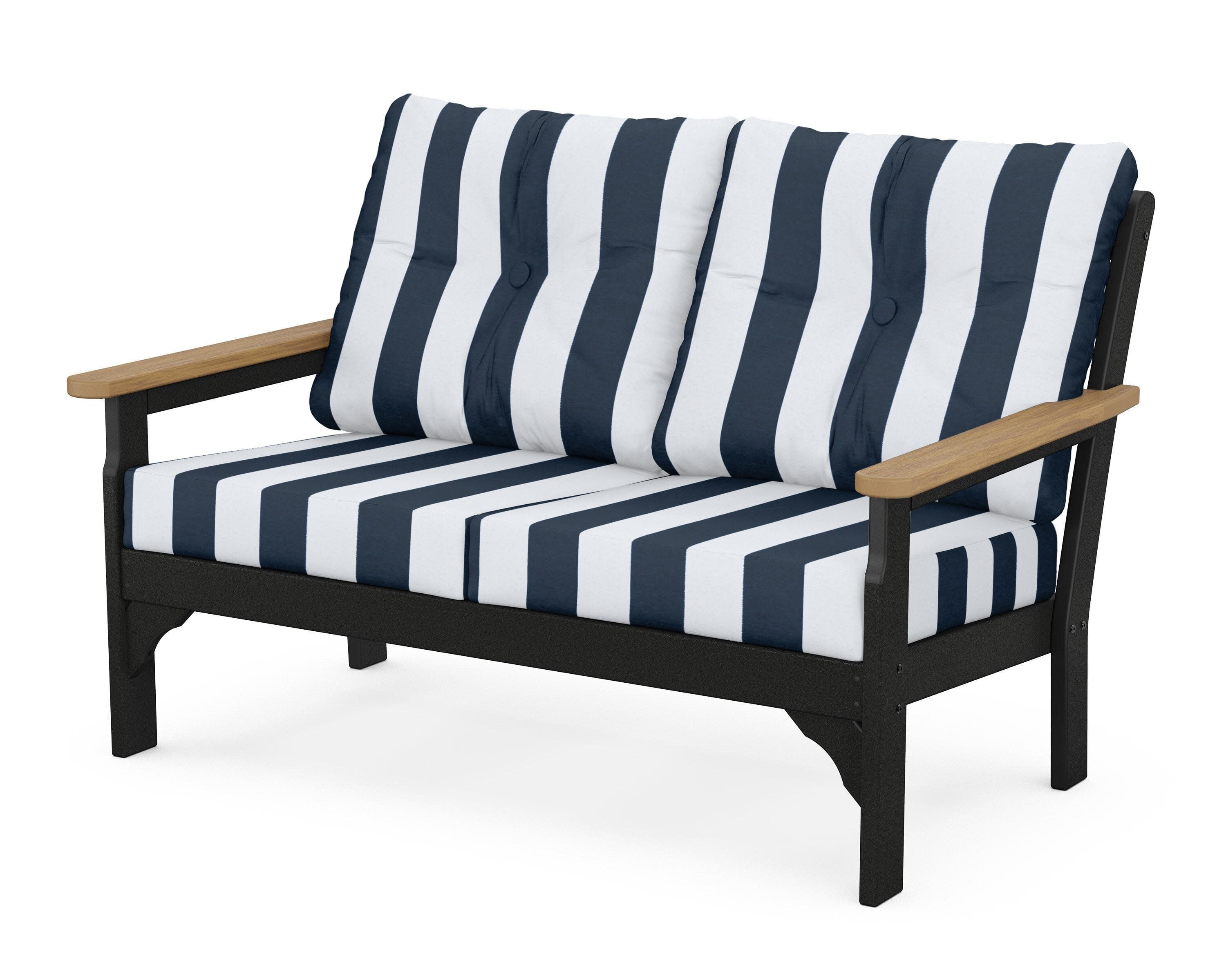 Vineyard Deep Seating Loveseat in Black / Natural / Cabana Stripe Marine Indigo