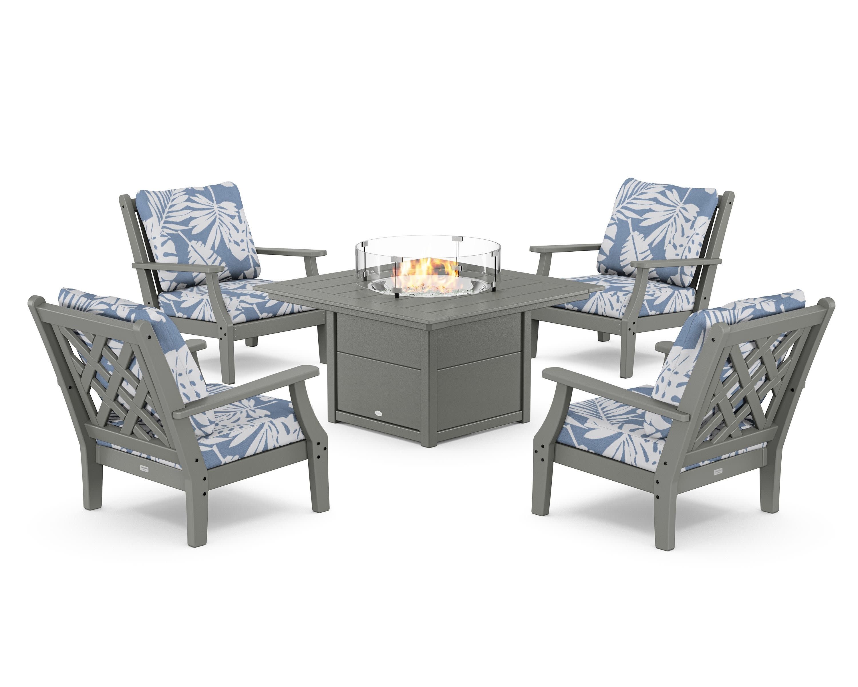 Wovendale 5-Piece Deep Seating Set with Fire Pit Table in Slate Grey / Leaf Sky Blue