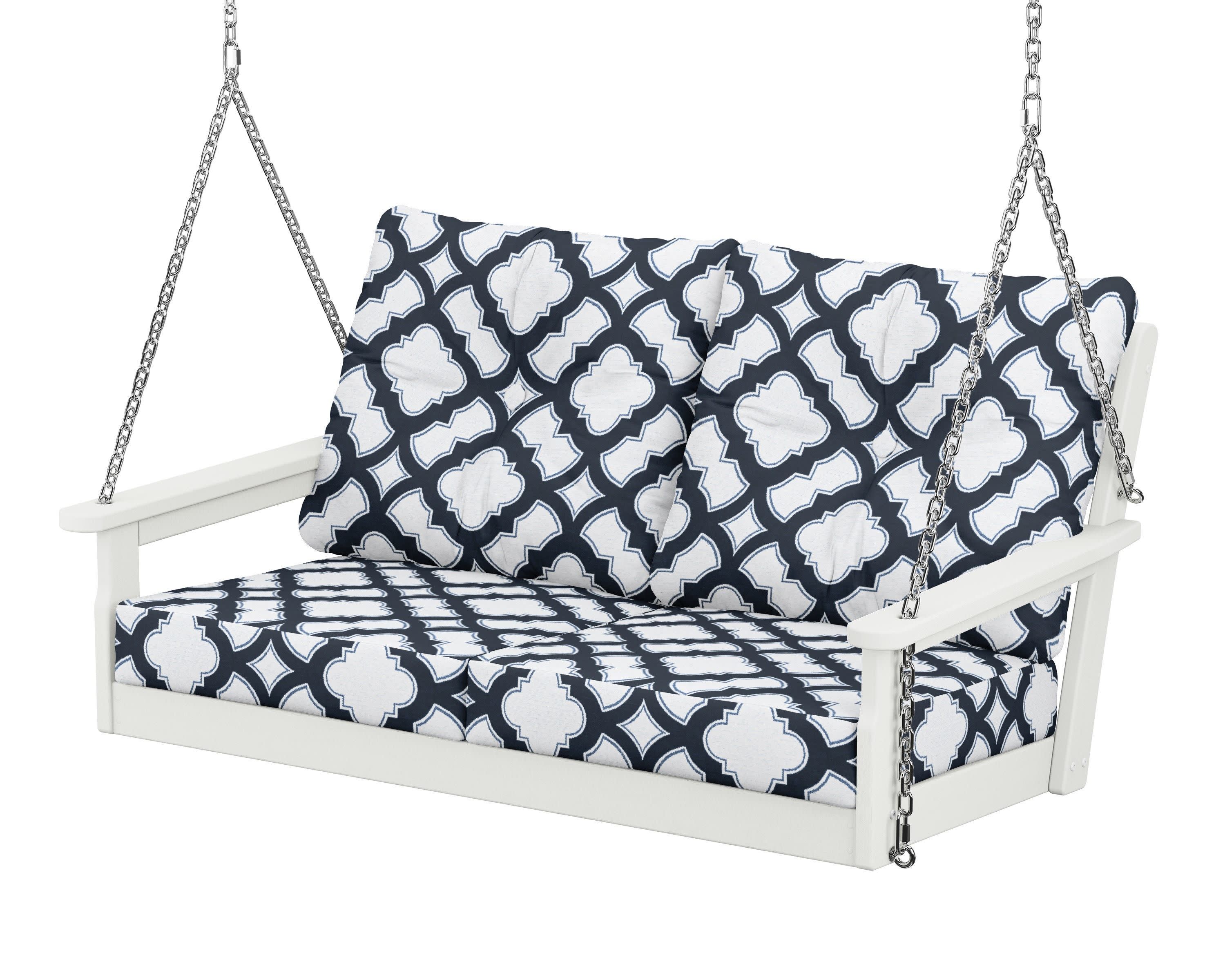 Vineyard Deep Seating Swing in Vintage White / Trellis Marine Indigo