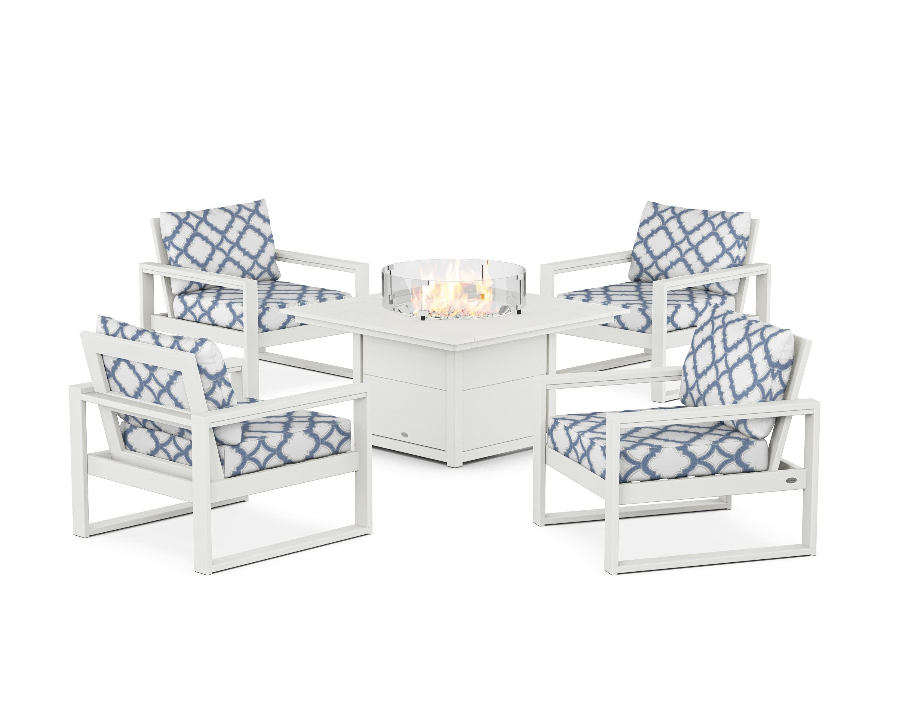 EDGE Sectional 5-Piece Deep Seating Set with Fire Pit Table in Vintage White / Trellis Sky Blue