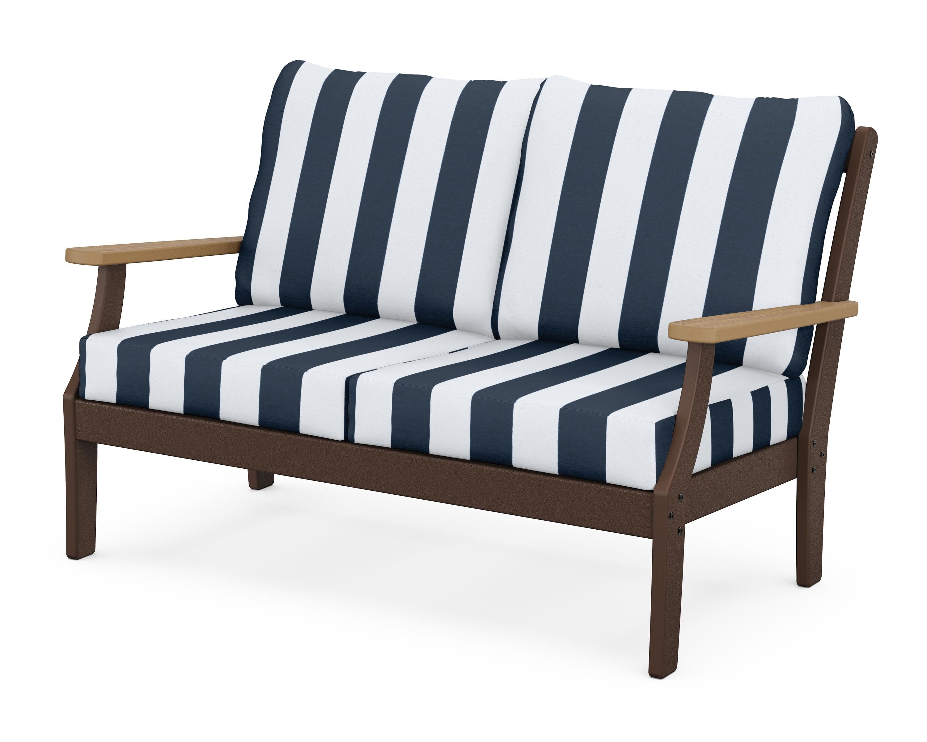 Braxton Deep Seating Loveseat in Mahogany / Natural / Cabana Stripe Marine Indigo