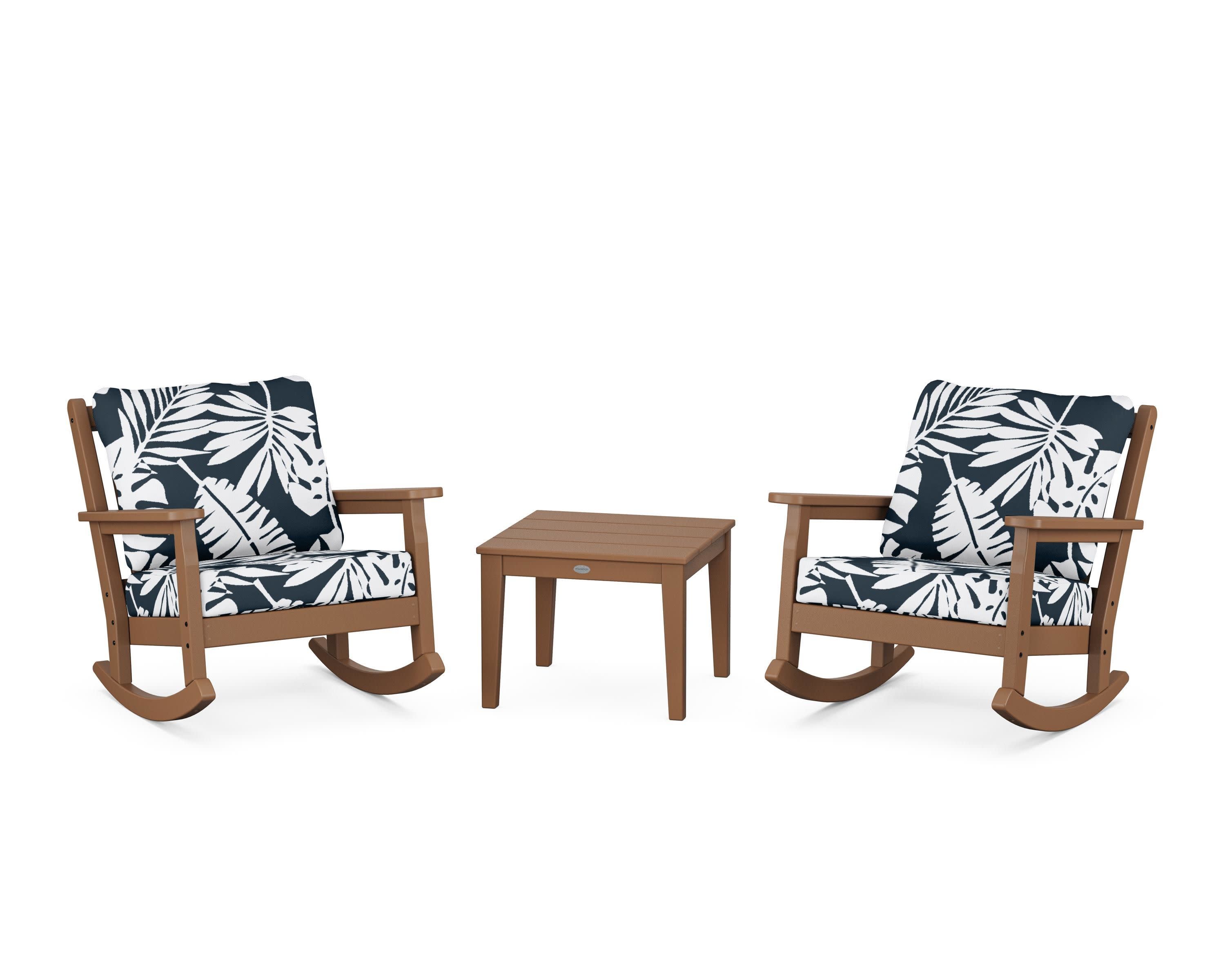 Chippendale 3-Piece Deep Seating Rocker Set in Teak / Leaf Marine Indigo