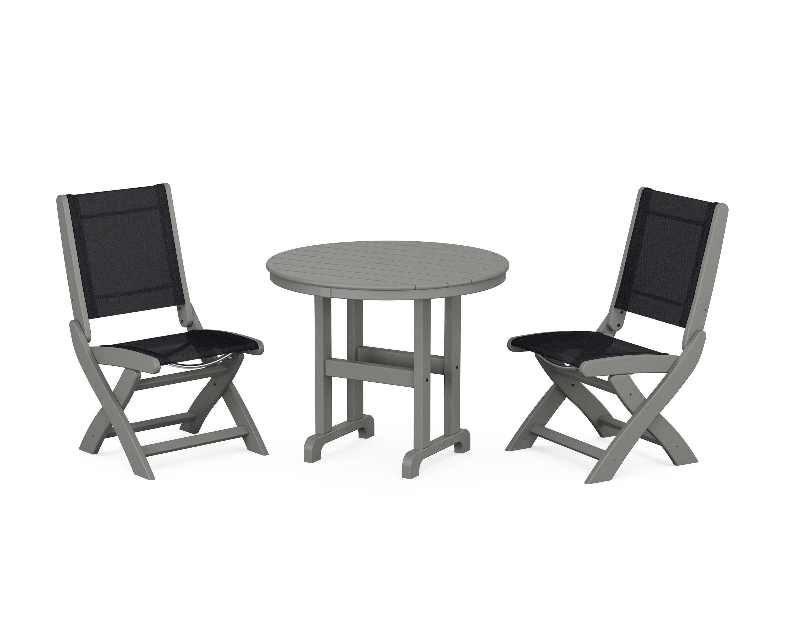 Coastal Folding Side Chair 3-Piece Round Dining Set in Slate Grey / Black Sling