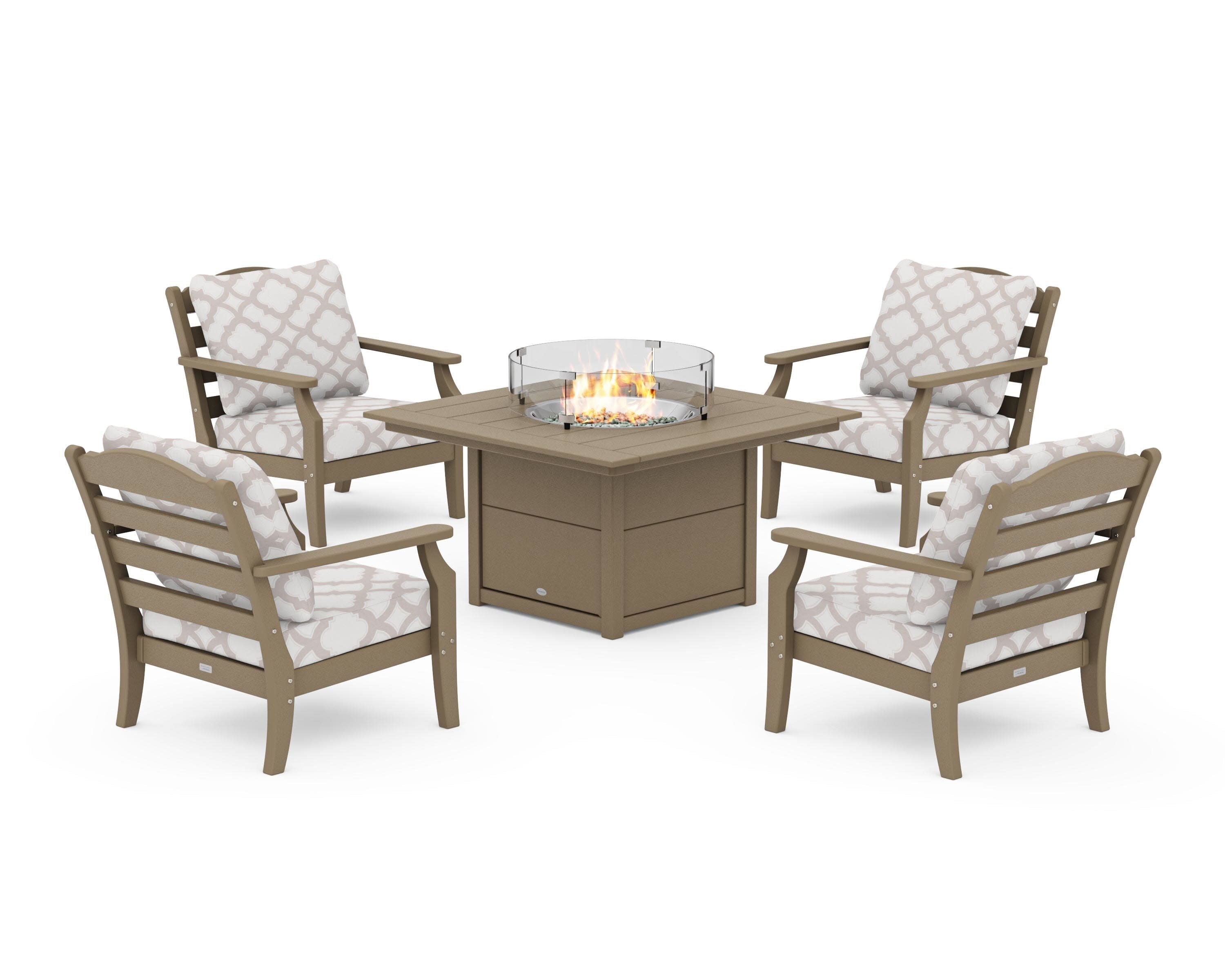 Savannah 5-Piece Deep Seating Set with Fire Pit Table in Vintage Sahara / Trellis Dune Burlap