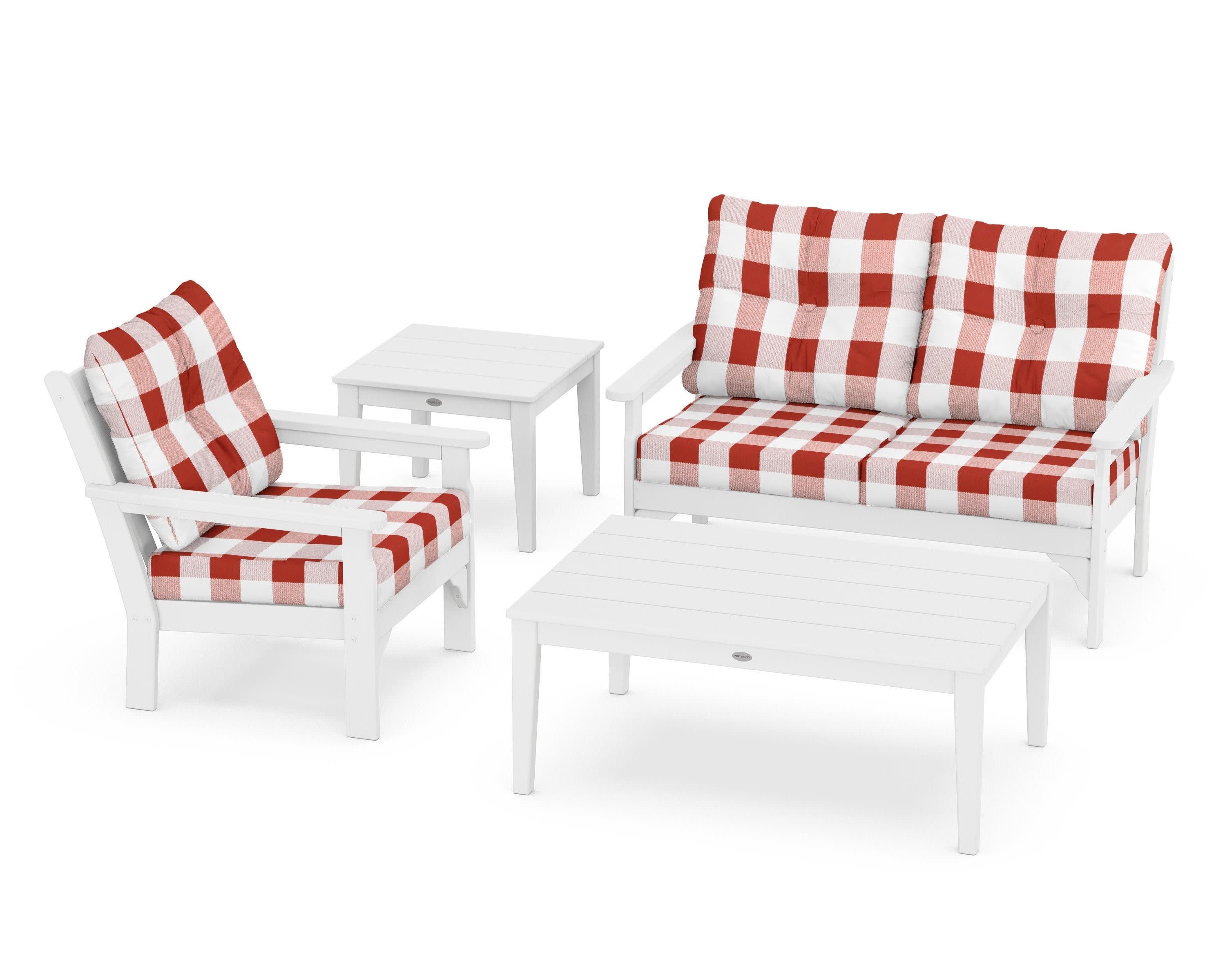 Vineyard 4-Piece Deep Seating Set in White / Buffalo Plaid Crimson