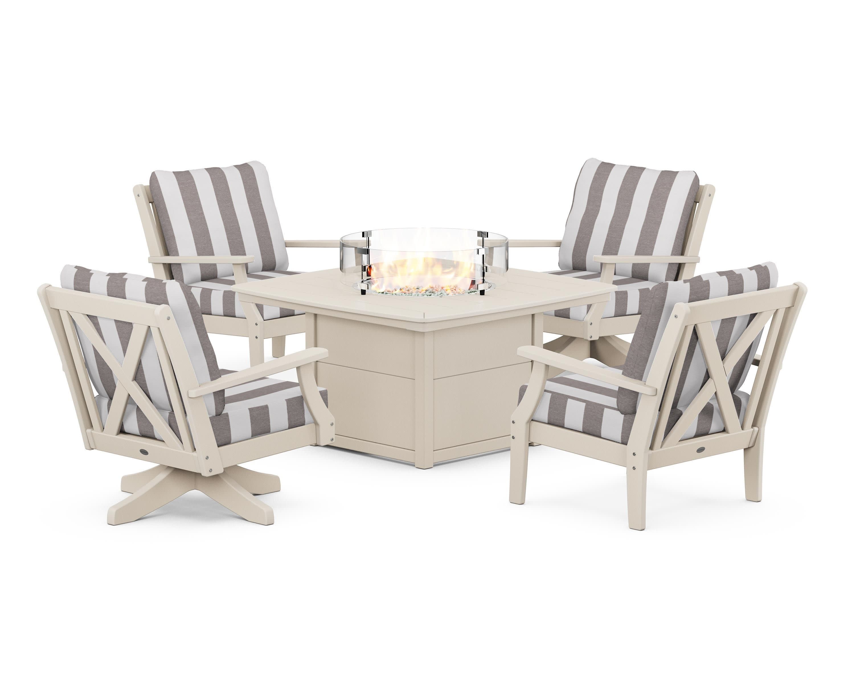 Braxton 5-Piece Deep Seating Set with Fire Table in Sand / Cabana Stripe Grey Mist