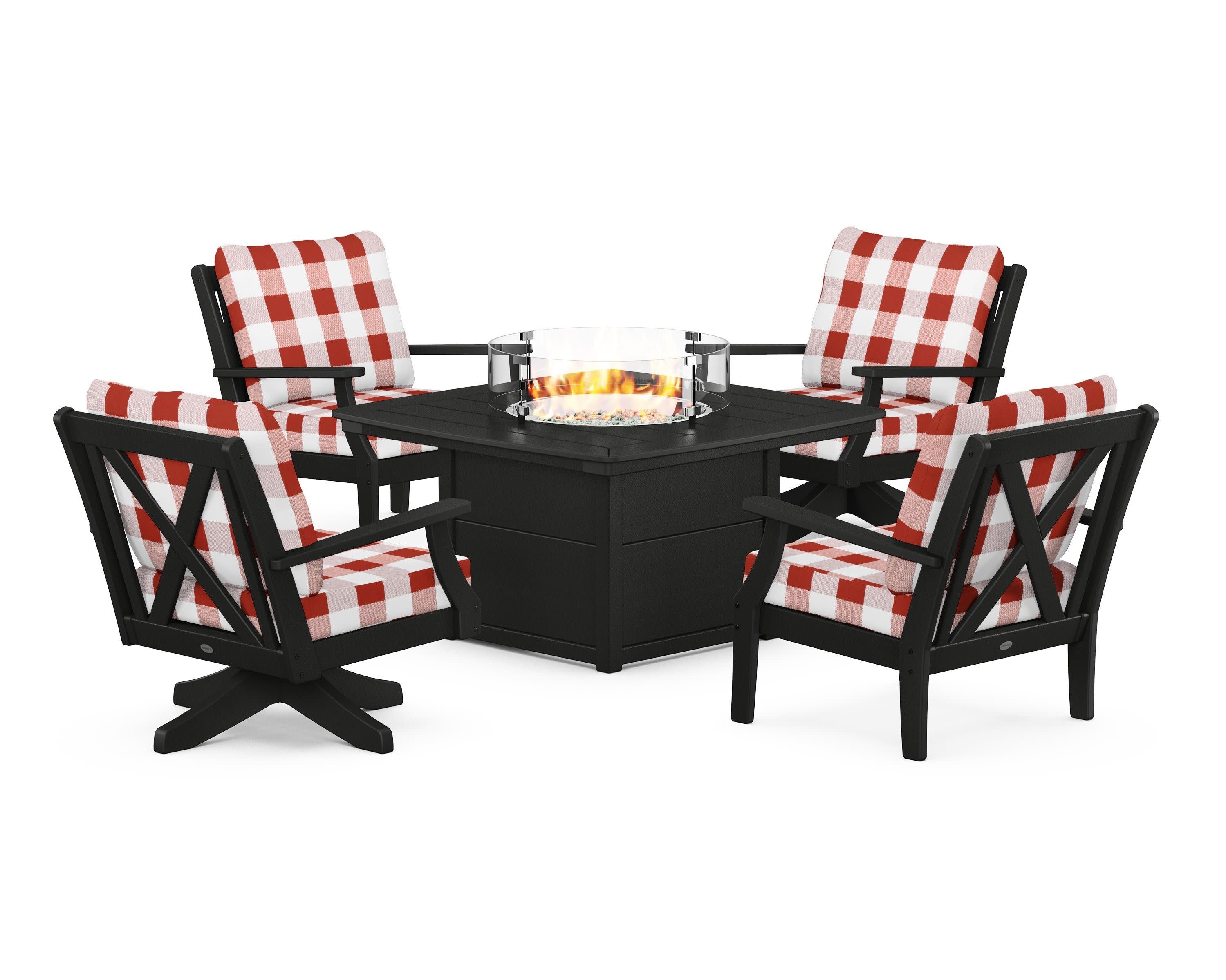 Braxton 5-Piece Deep Seating Set with Fire Table in Black / Buffalo Plaid Crimson