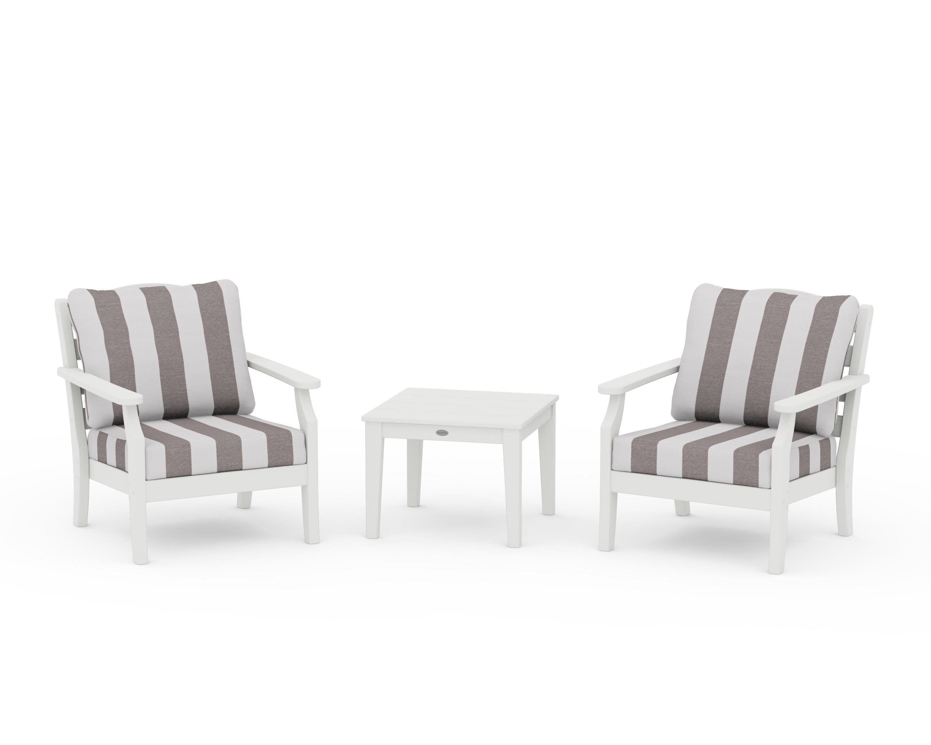 Savannah 3-Piece Deep Seating Set in Vintage White / Cabana Stripe Grey Mist